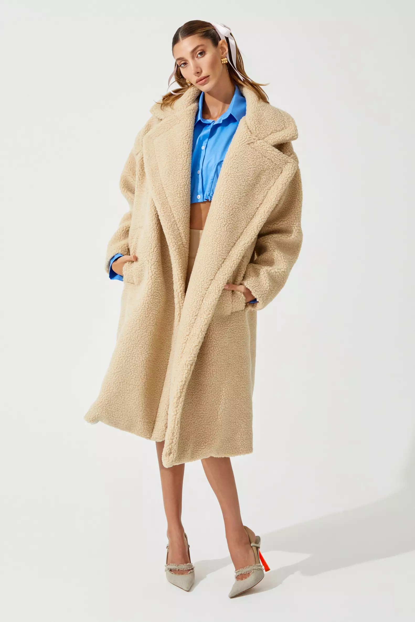 Beige teddy bear long sleeve maxi coat