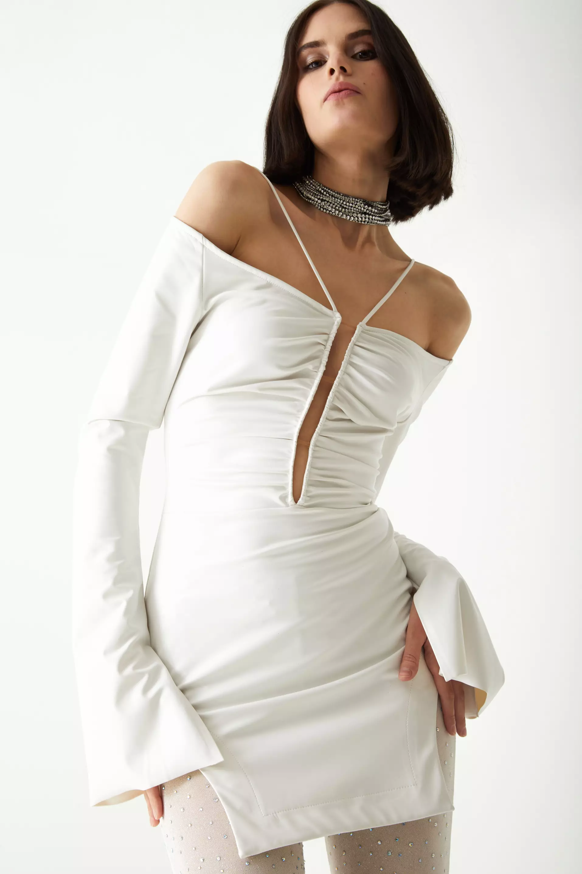 White Leather Long Sleeve Mini Dress | Night Dresses | KeiKei