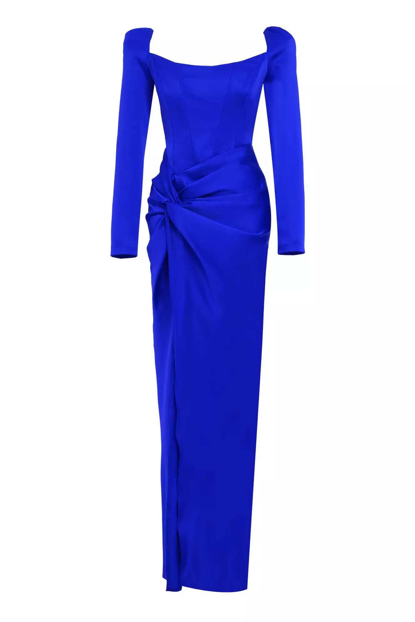 Blue Satin Long Sleeve Long Dress