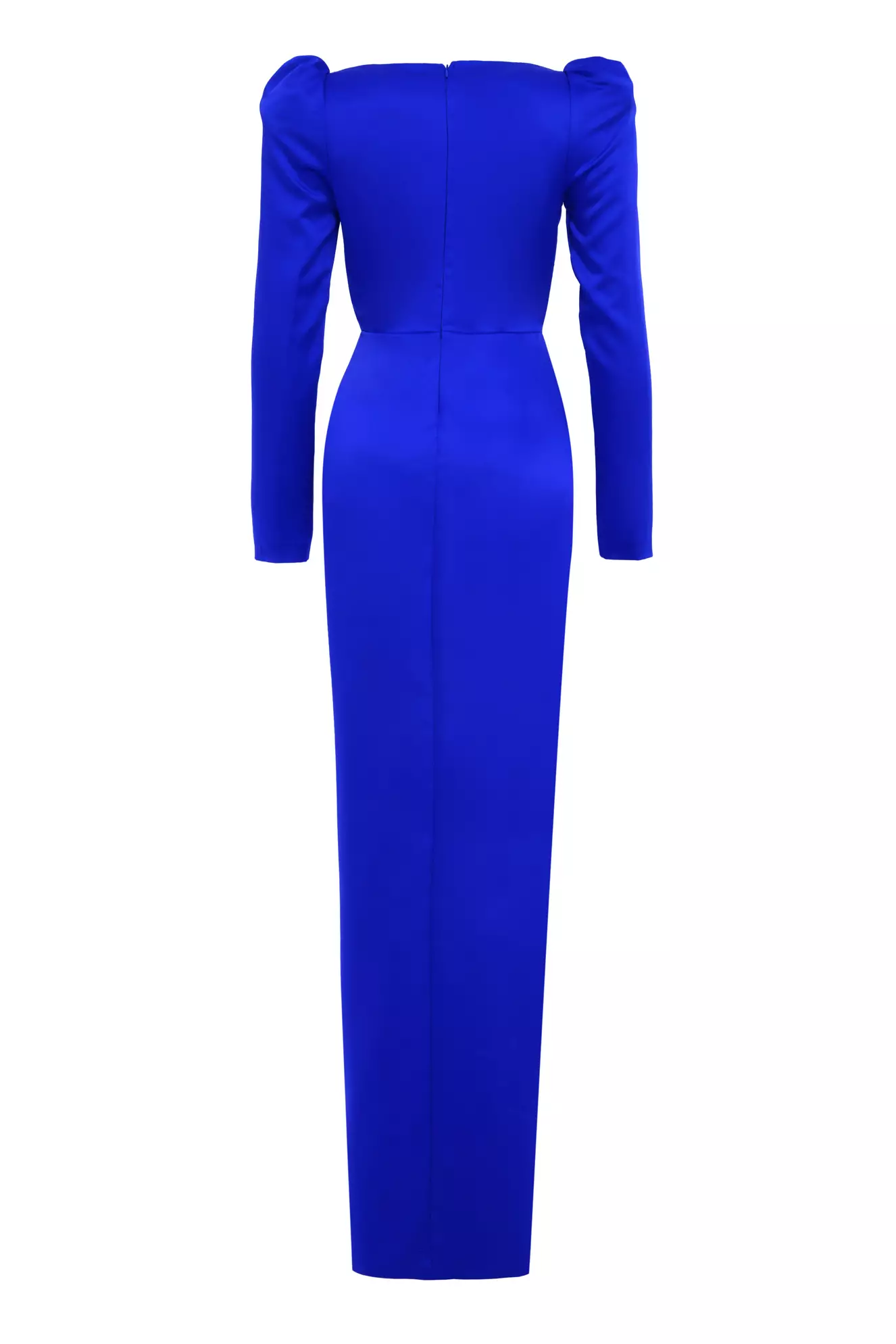 Blue Satin Long Sleeve Long Dress
