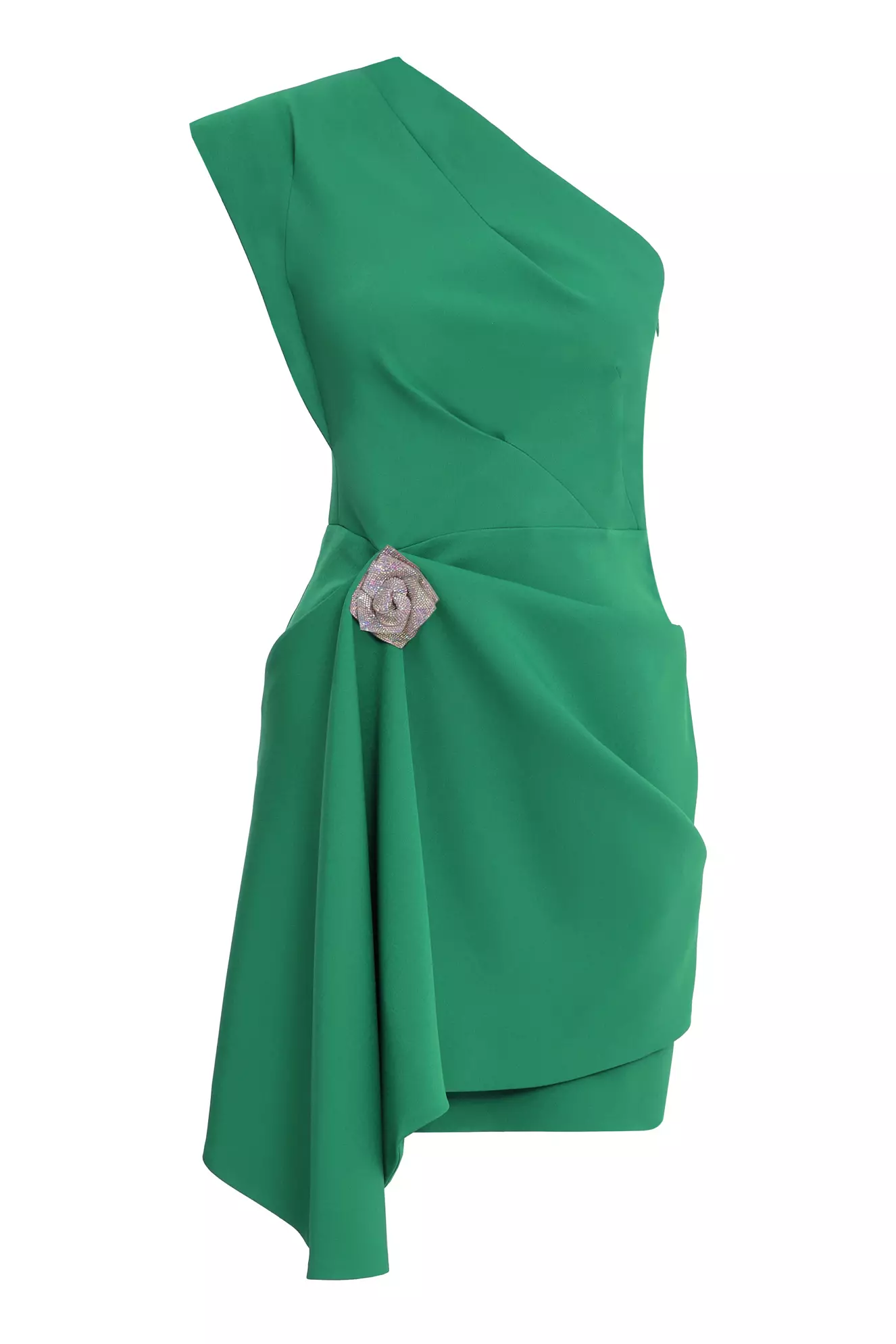 Green Crepe One Arm Mini Dress
