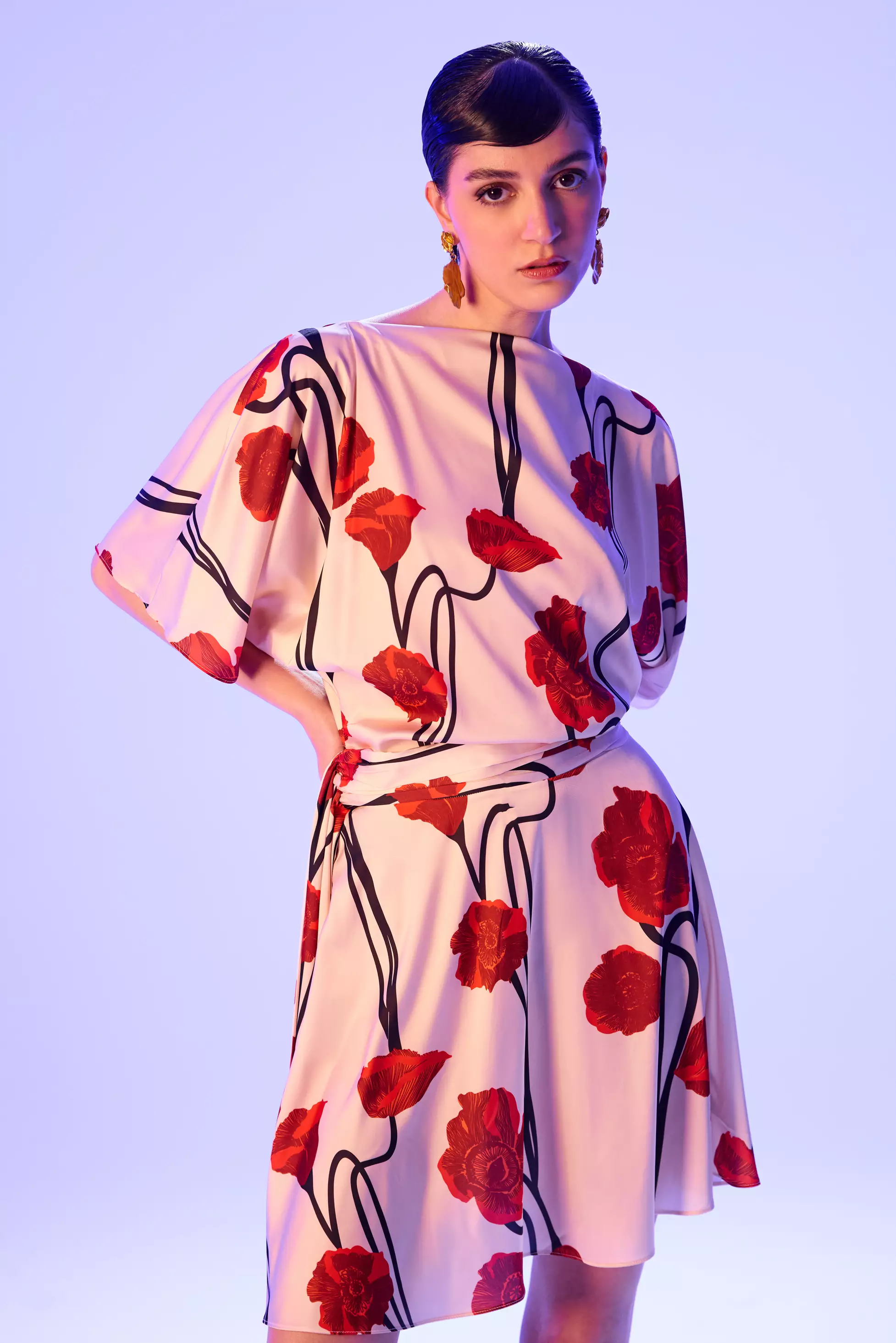Printed Satin Short Sleeve Mini Dress