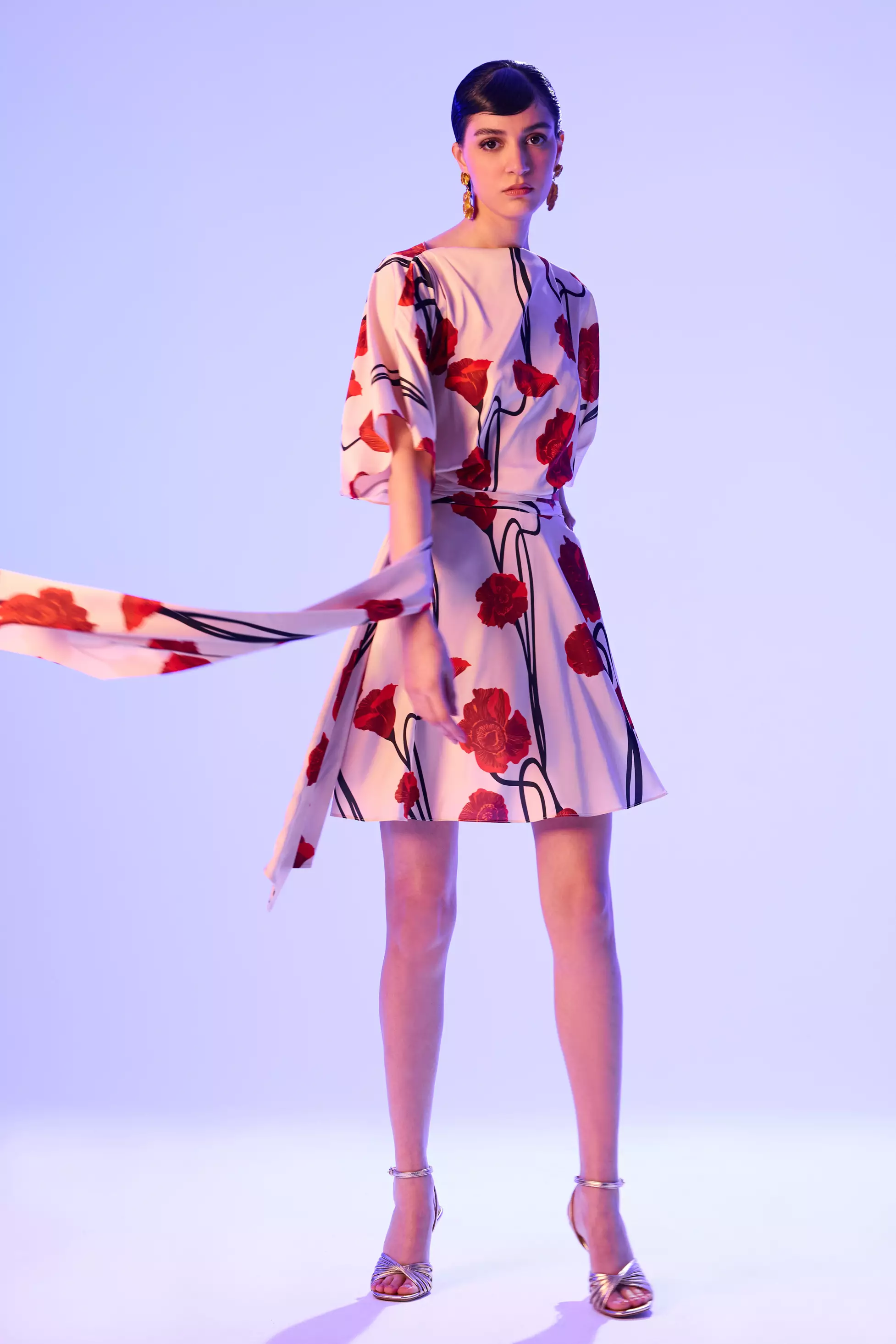 Printed Satin Short Sleeve Mini Dress