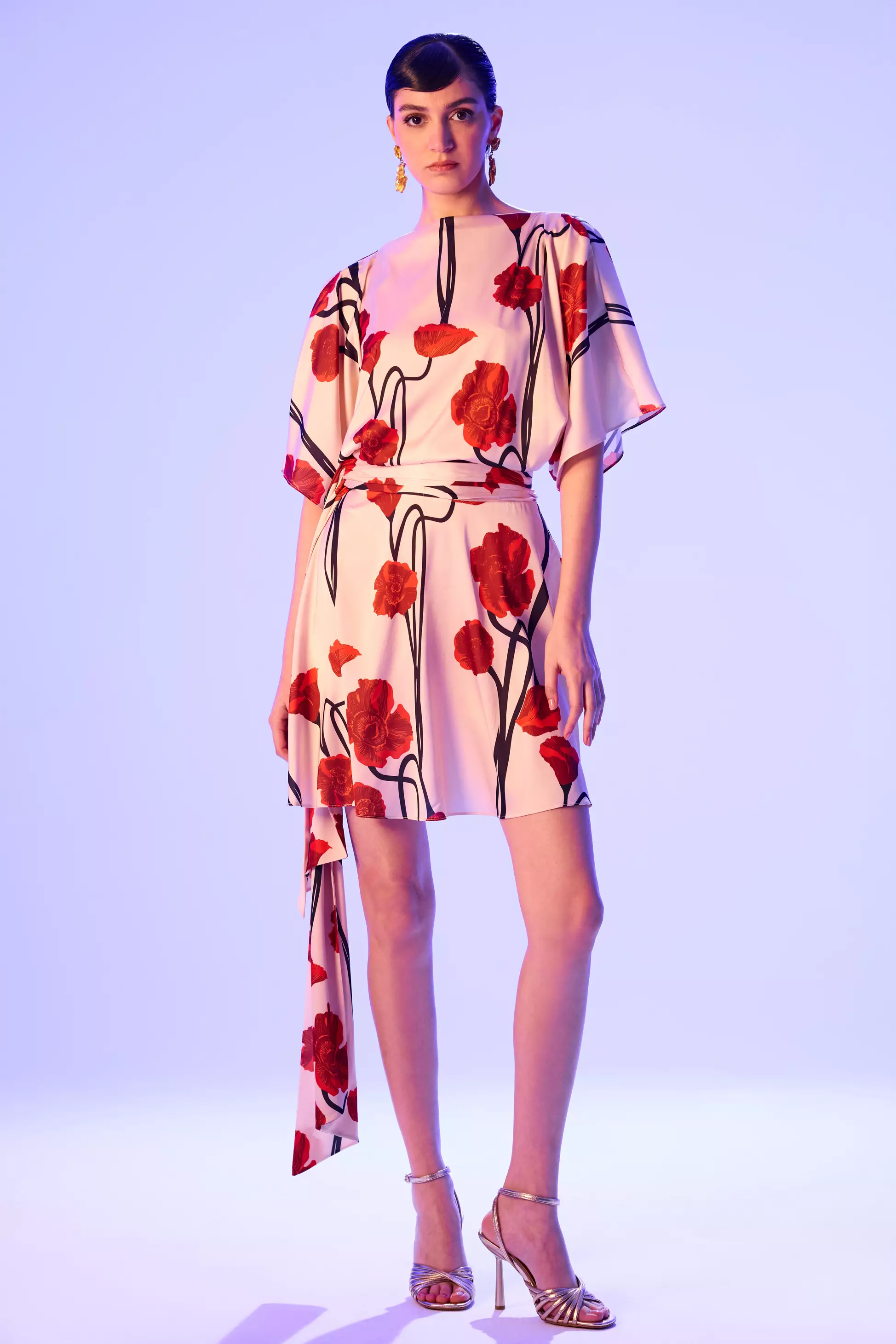 Printed Satin Short Sleeve Mini Dress