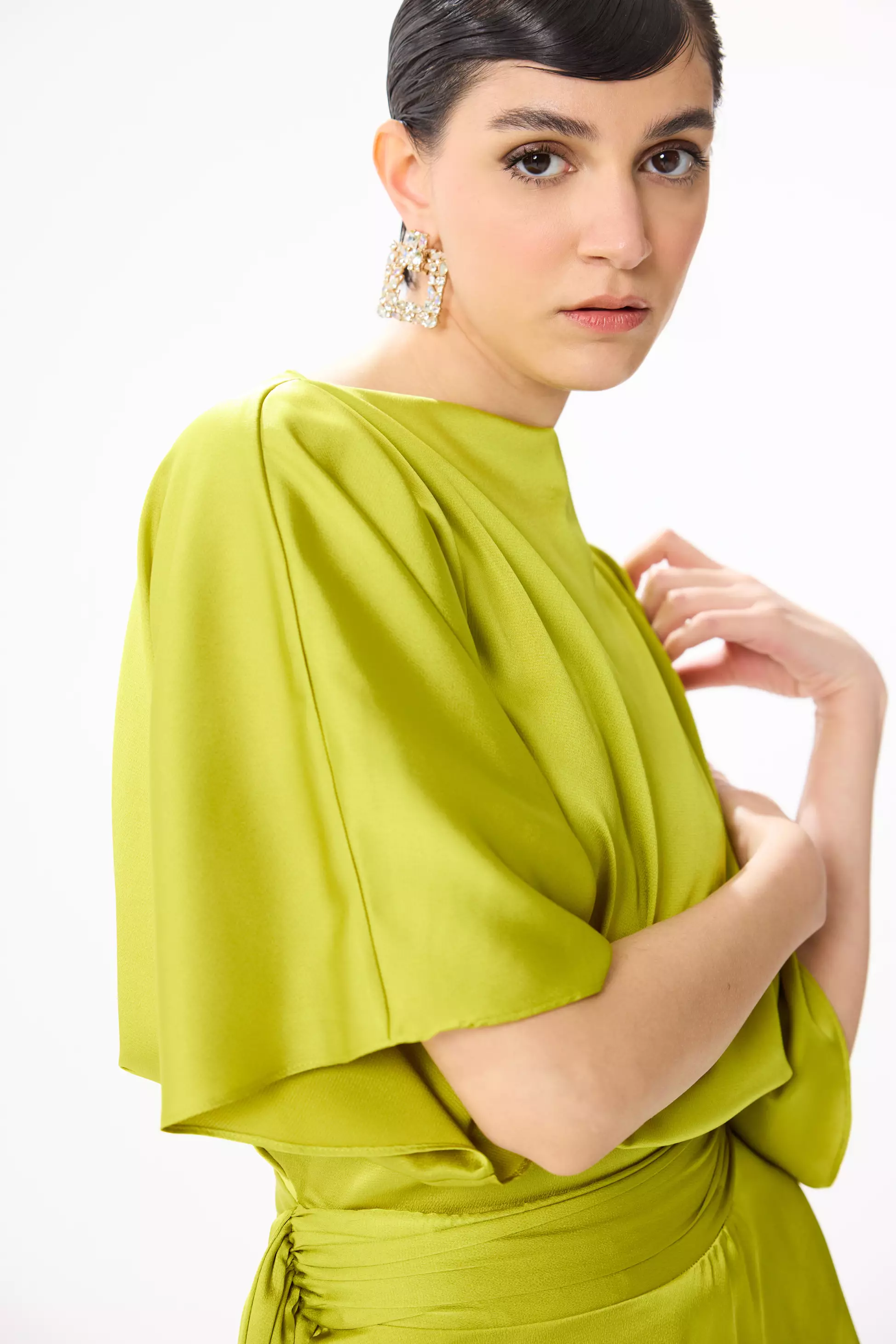 Pistachio Green Satin Short Sleeve Mini Dress