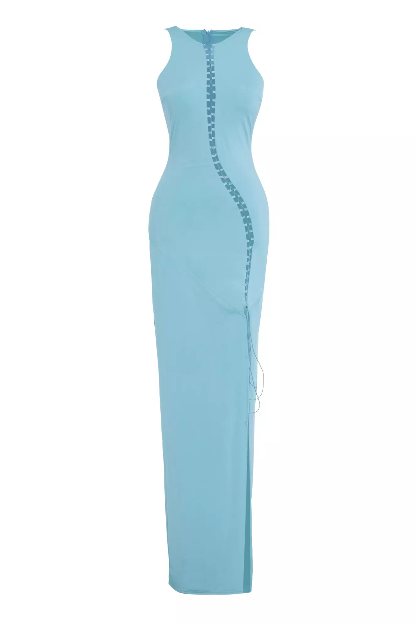 Blue Satin Sleeveless Long Dress