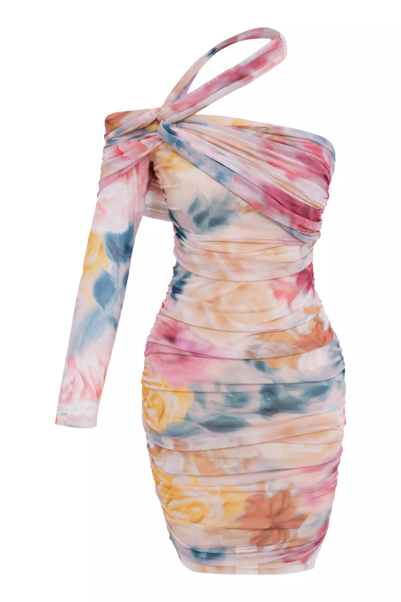 Printed Tulle One Arm Mini Dress