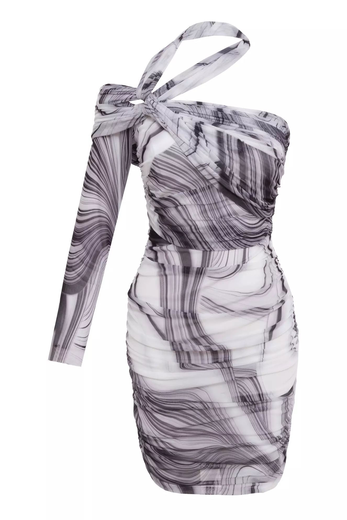 Printed Tulle One Arm Mini Dress