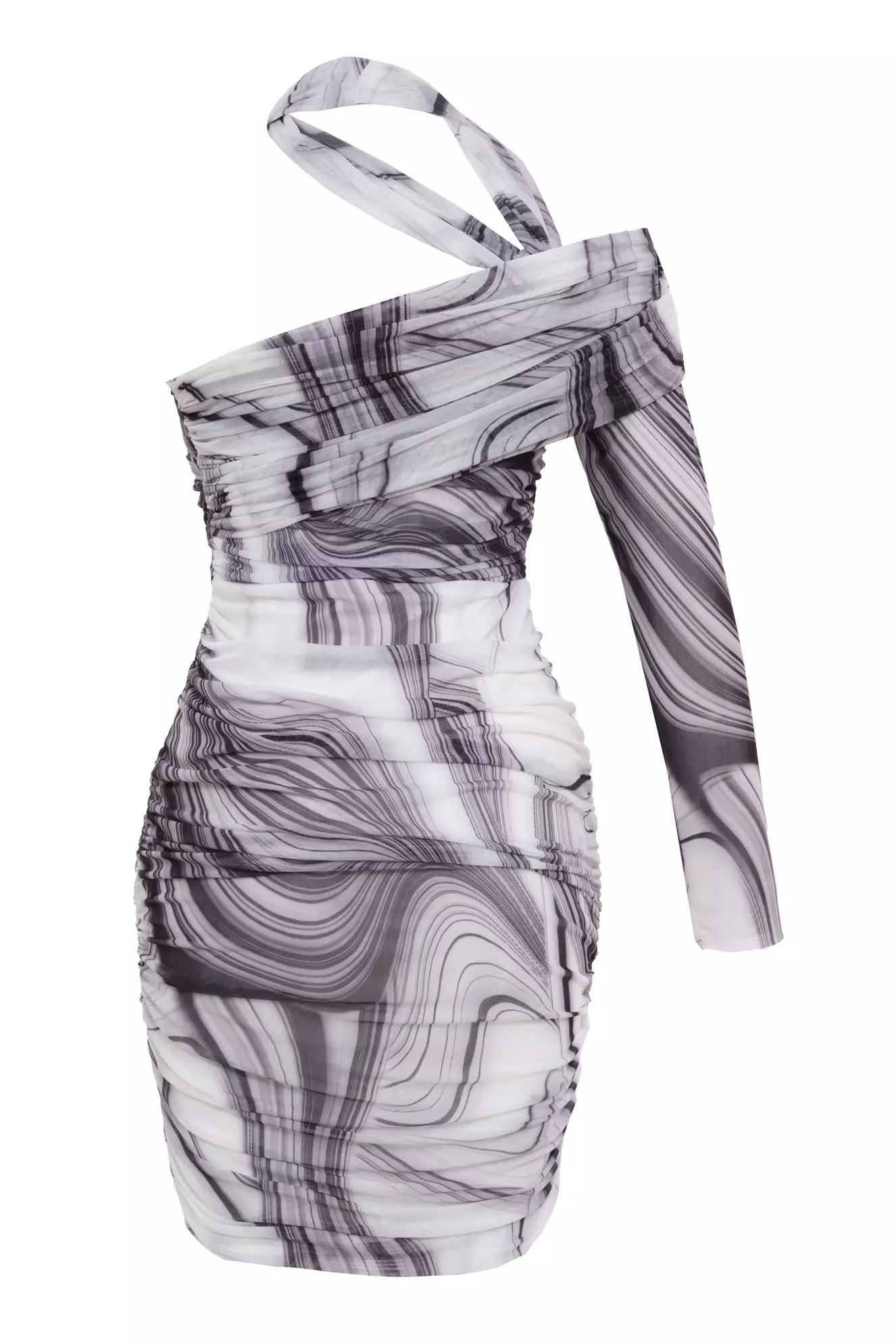Printed Tulle One Arm Mini Dress