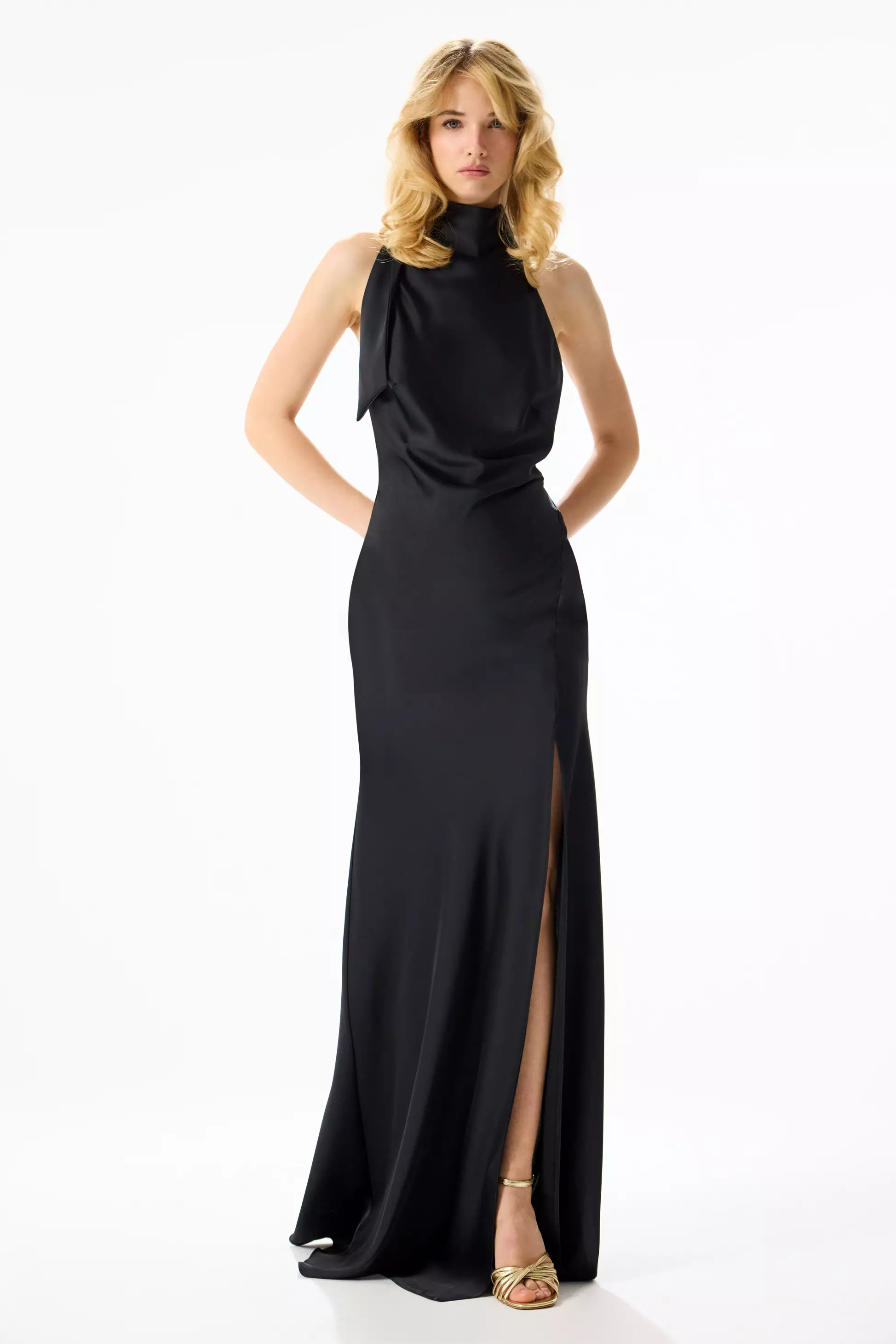 Black Satin Sleeveless Long Dress