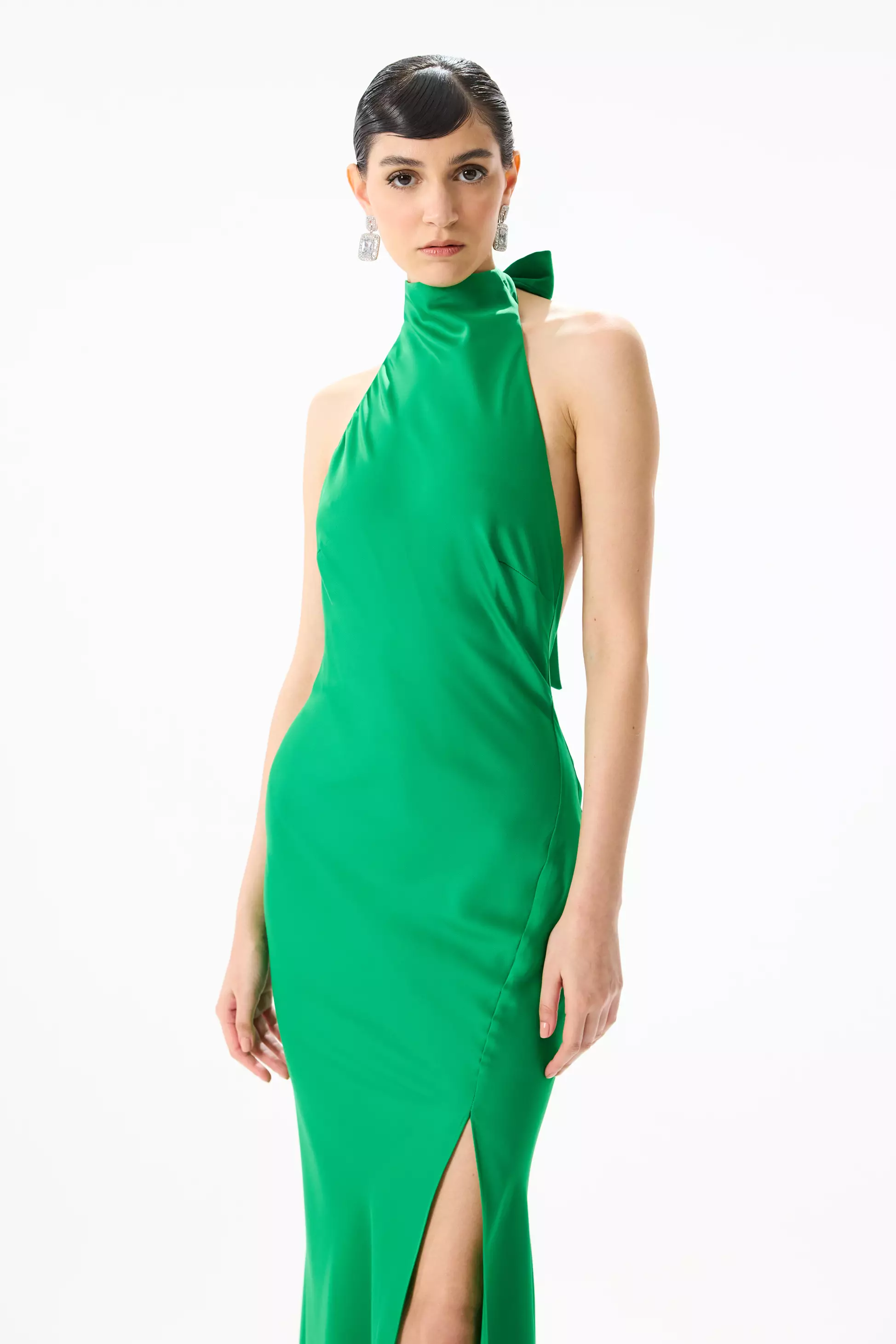 Green Satin Sleeveless Long Dress