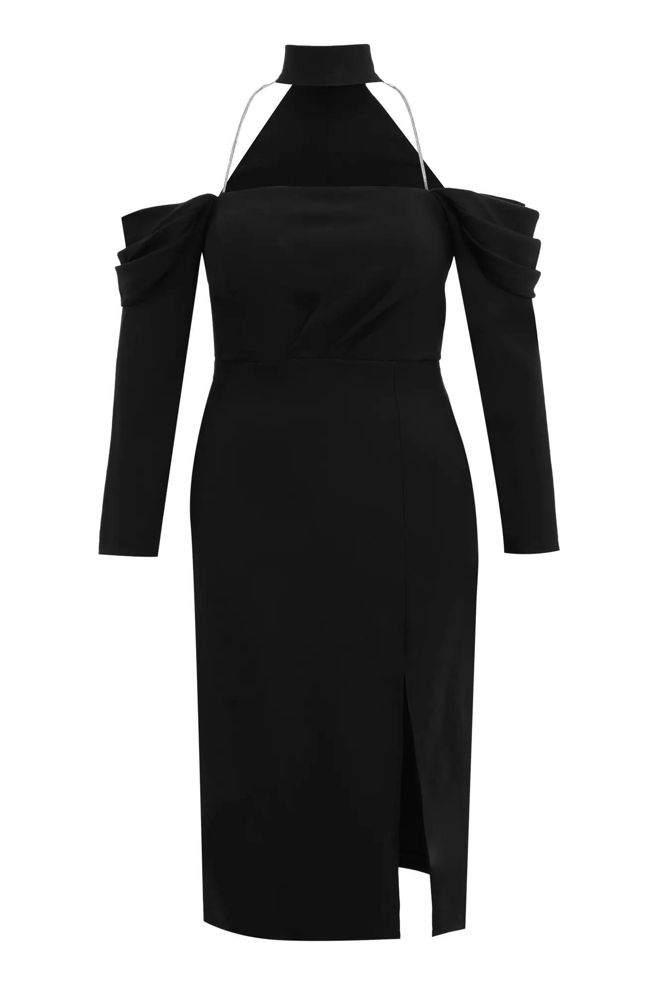 Black Plus Size Crepe Long Sleeve Midi Dress