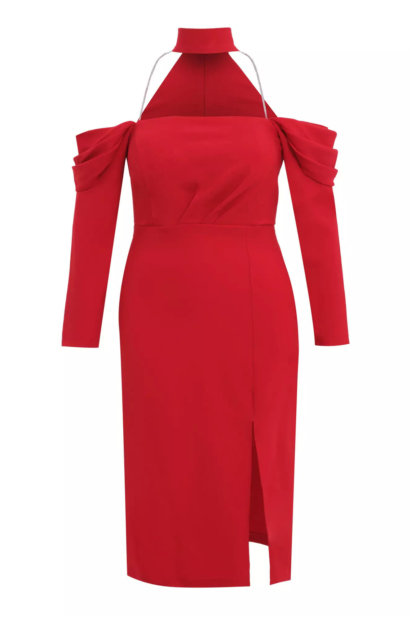 Red Plus Size Crepe Long Sleeve Midi Dress