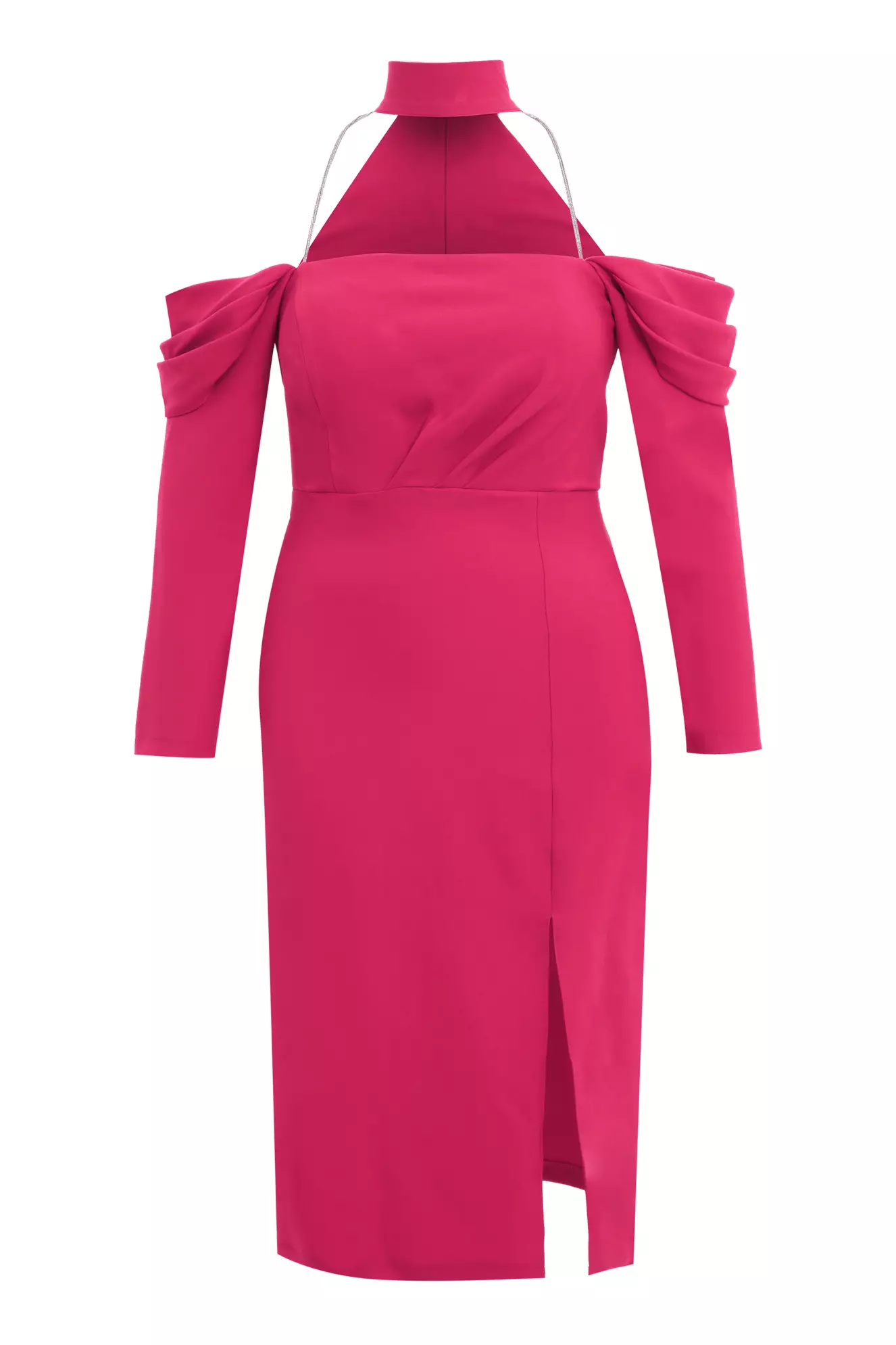 Fuchsia Plus Size Crepe Long Sleeve Midi Dress