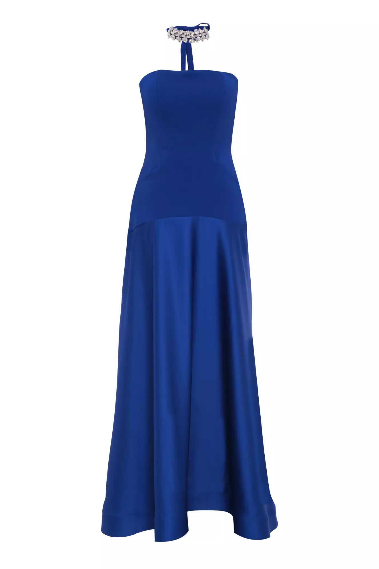 Blue Krep Saten Sleeveless Long Dress