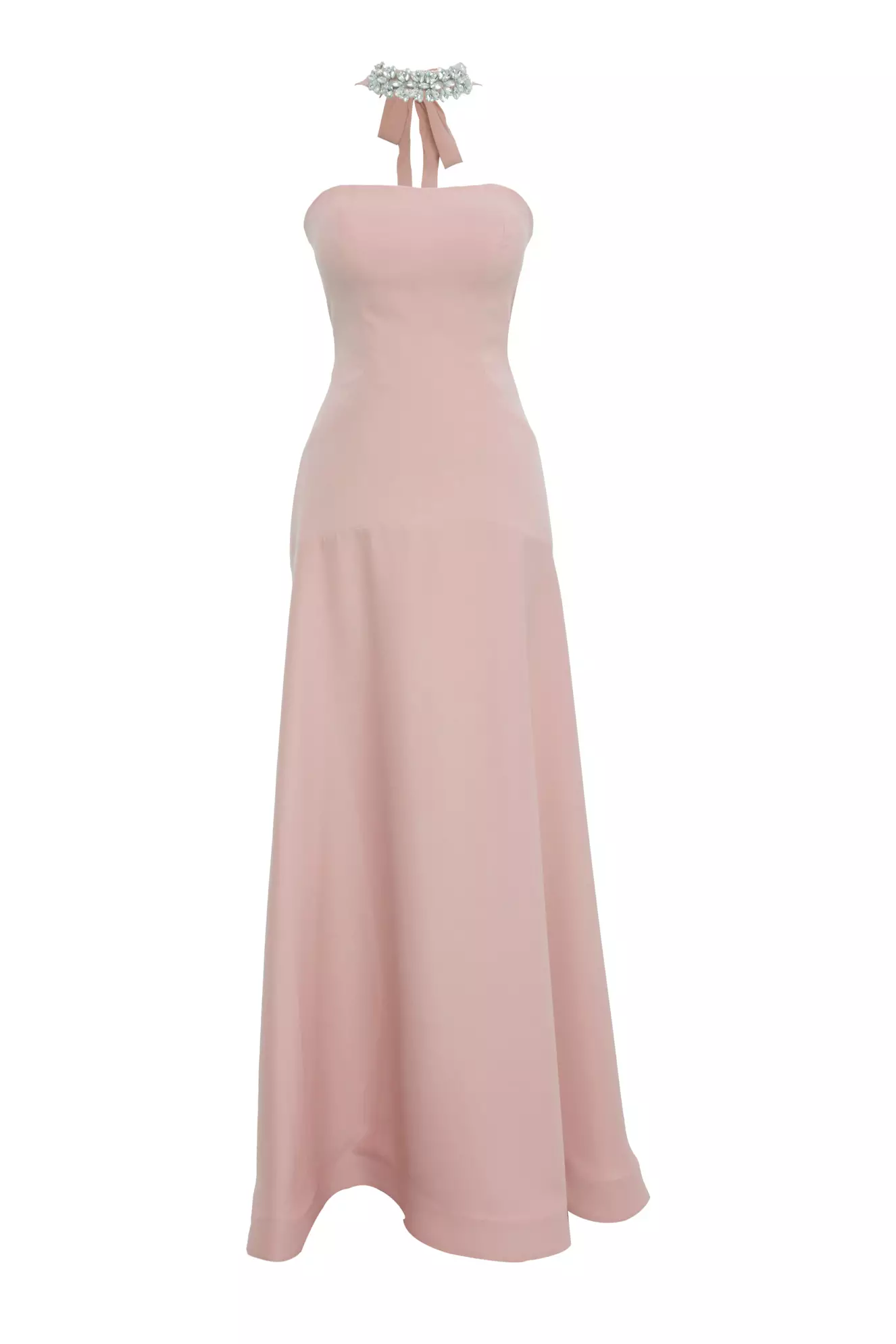 Light Pink Krep Saten Sleeveless Long Dress