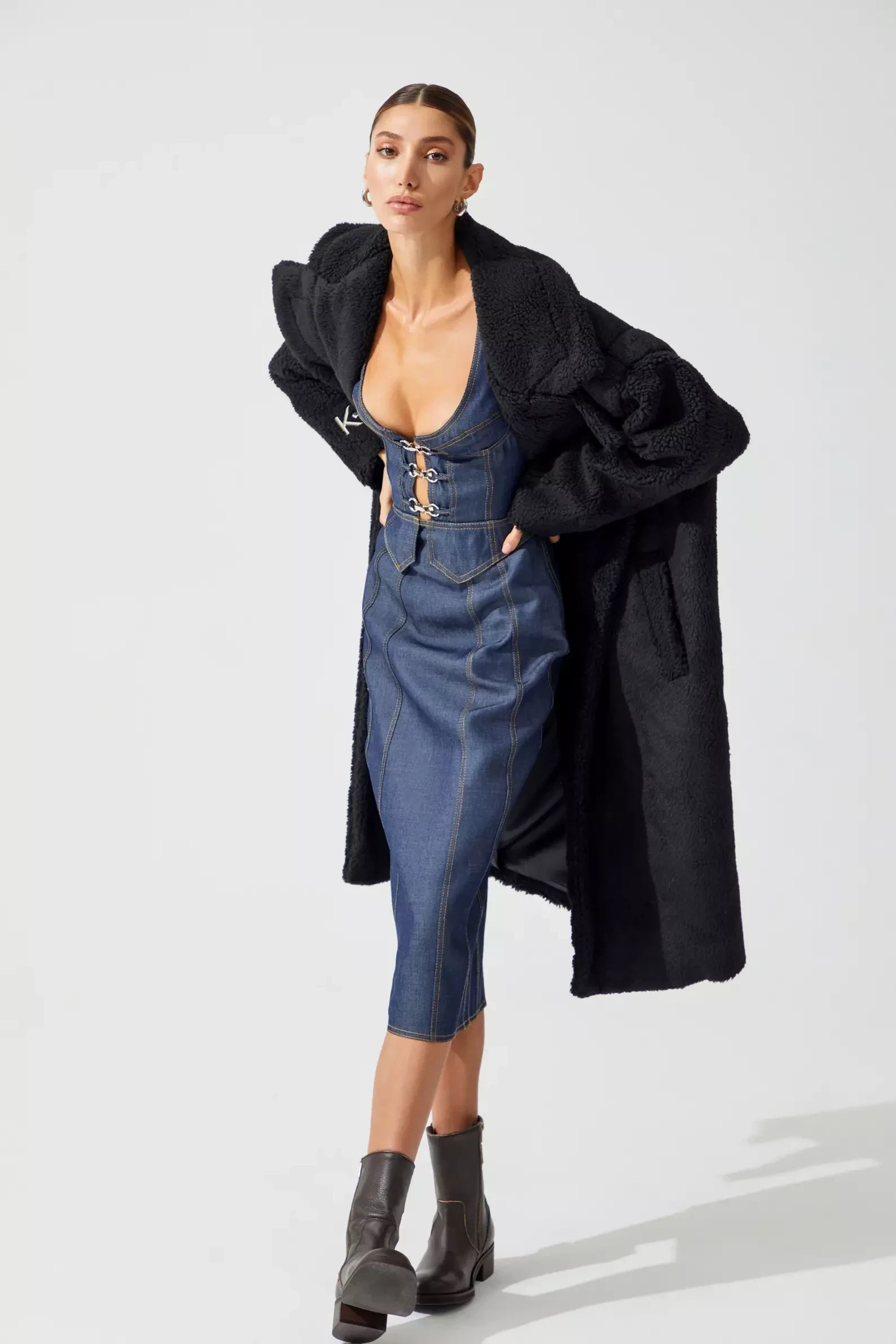 Black teddy bear long sleeve maxi coat