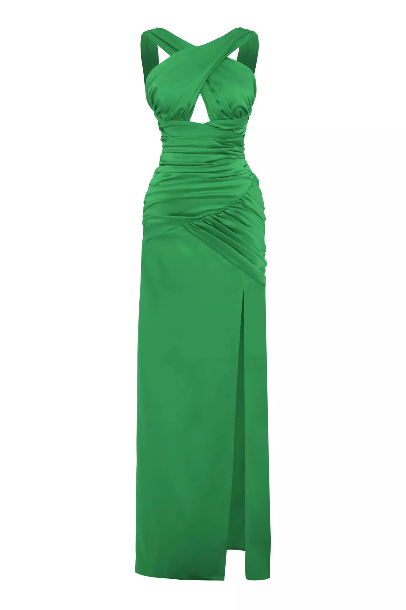 Green Satin Sleeveless Long Dress