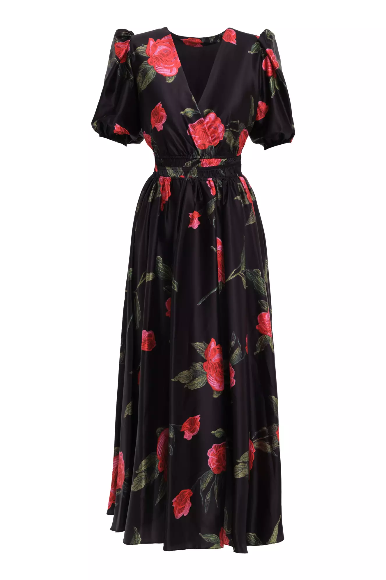 Printed satin short sleeve maxi dress