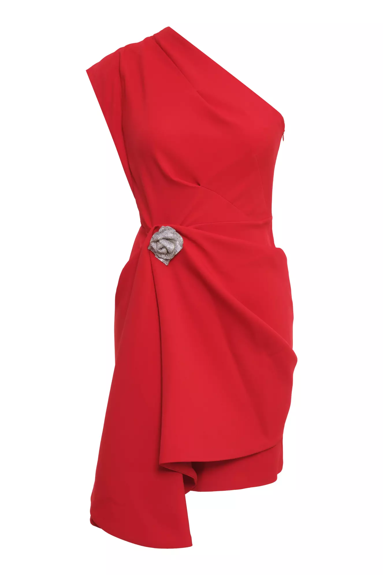 Red Crepe One Arm Mini Dress