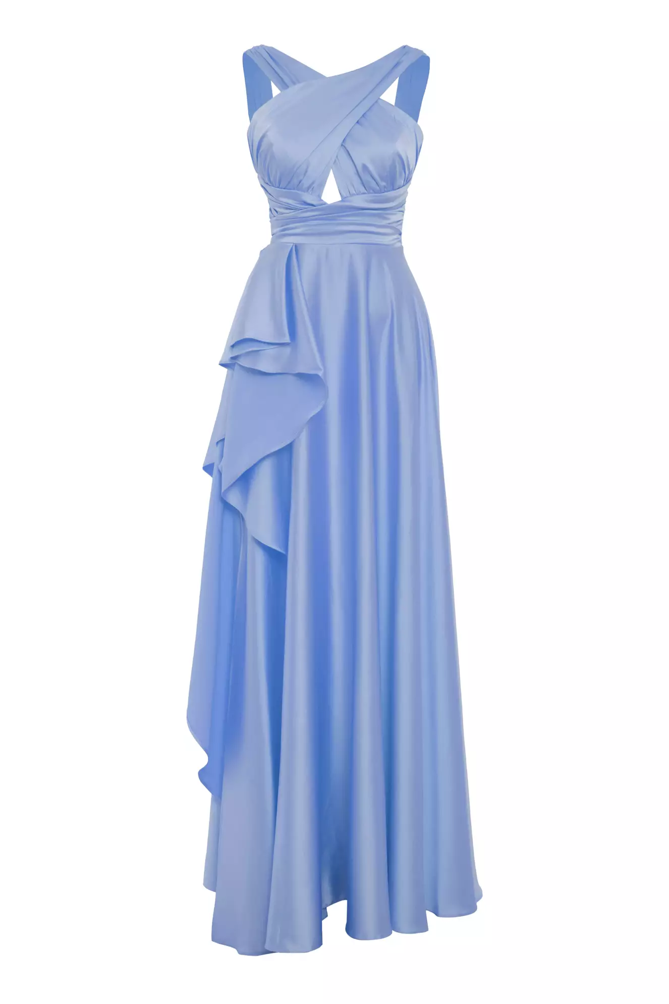 Blue satin sleeveless long dress