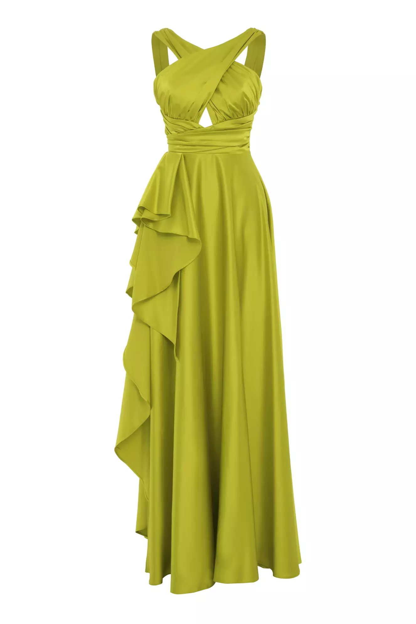 Pistachio green satin sleeveless long dress