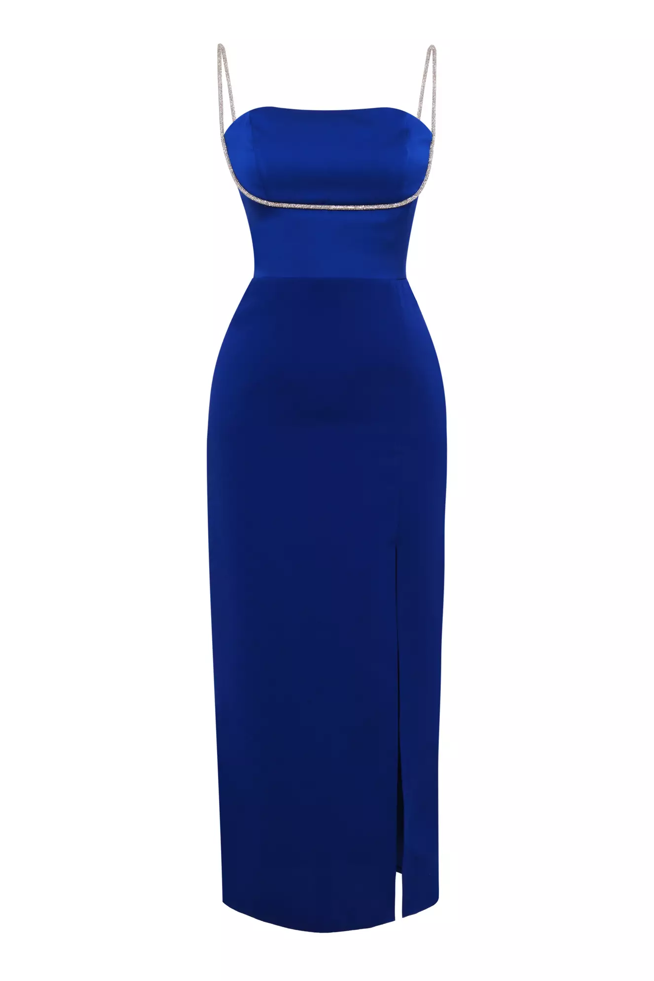 Blue Krep Saten Sleeveless Midi Dress