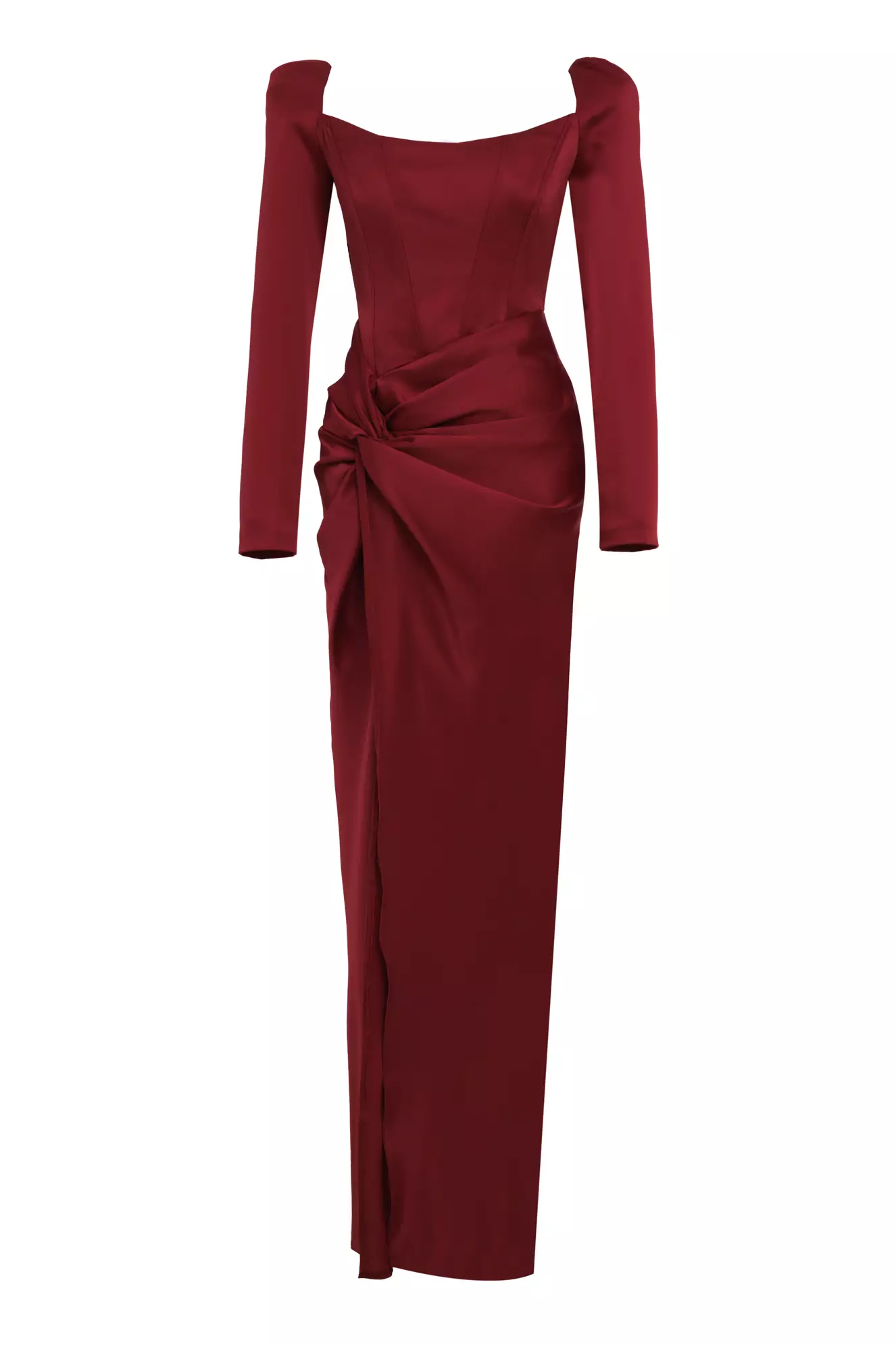 Maroon satin long sleeve long dress