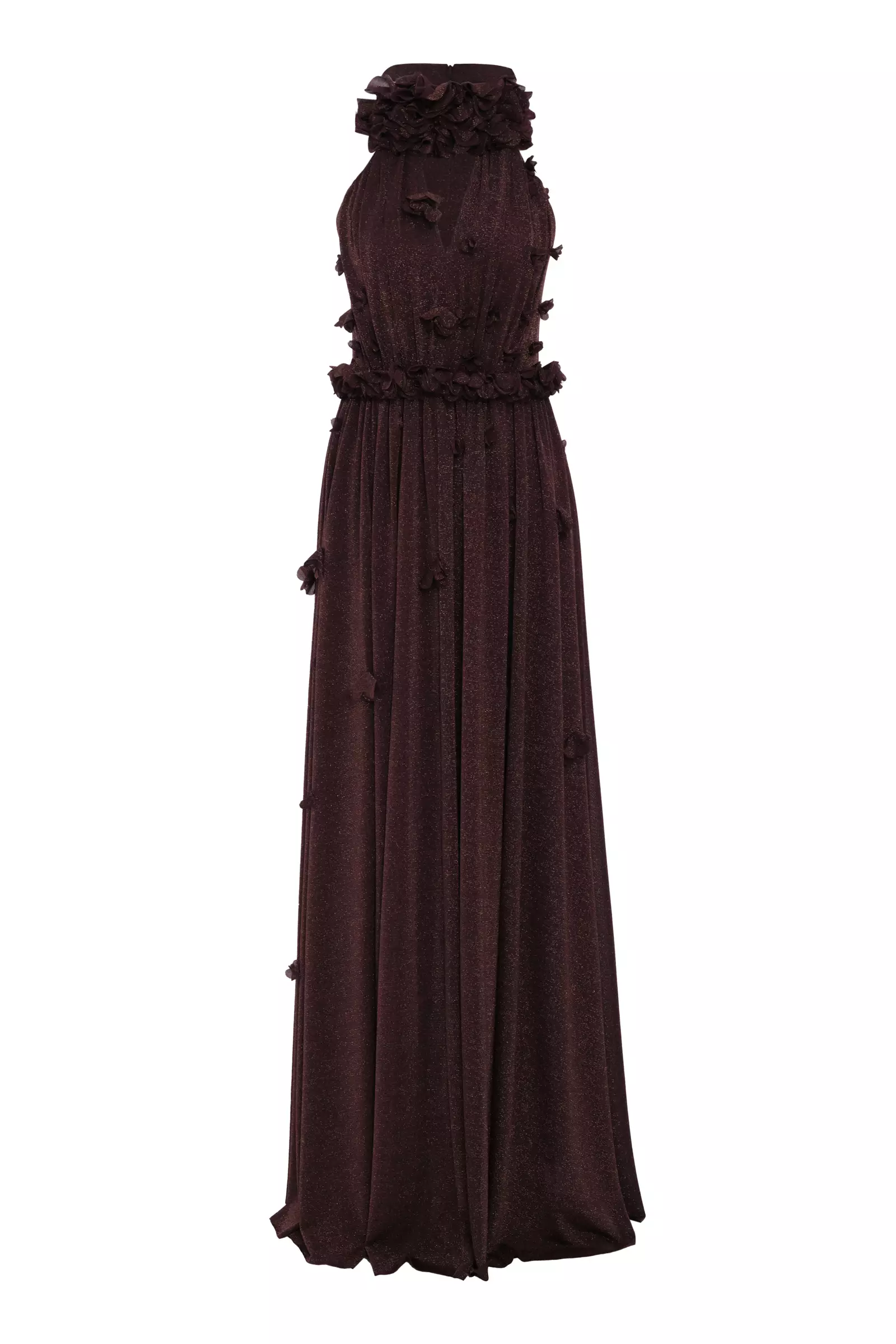 Brown simli tül sleeveless long dress