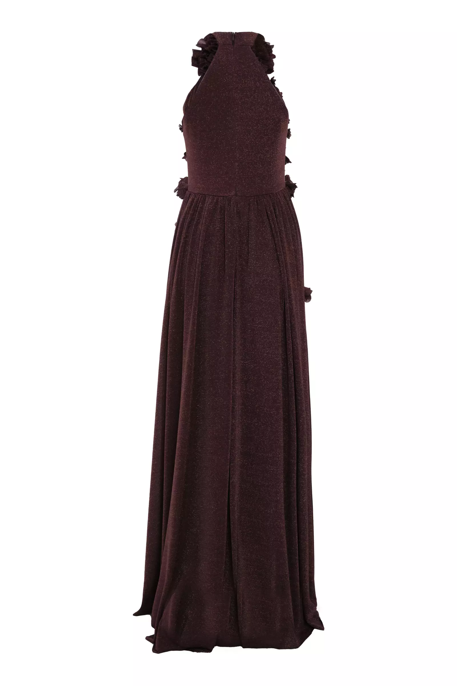 Brown simli tül sleeveless long dress