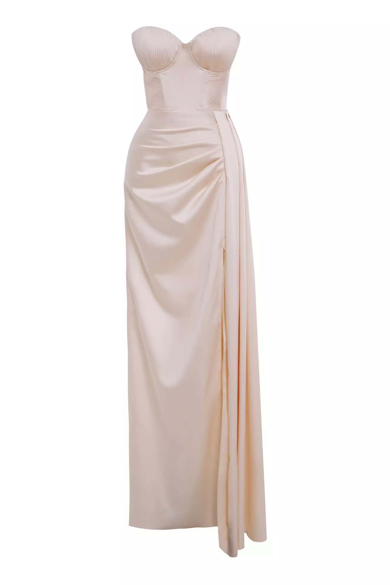 Beige Satin Strapless Long Dress