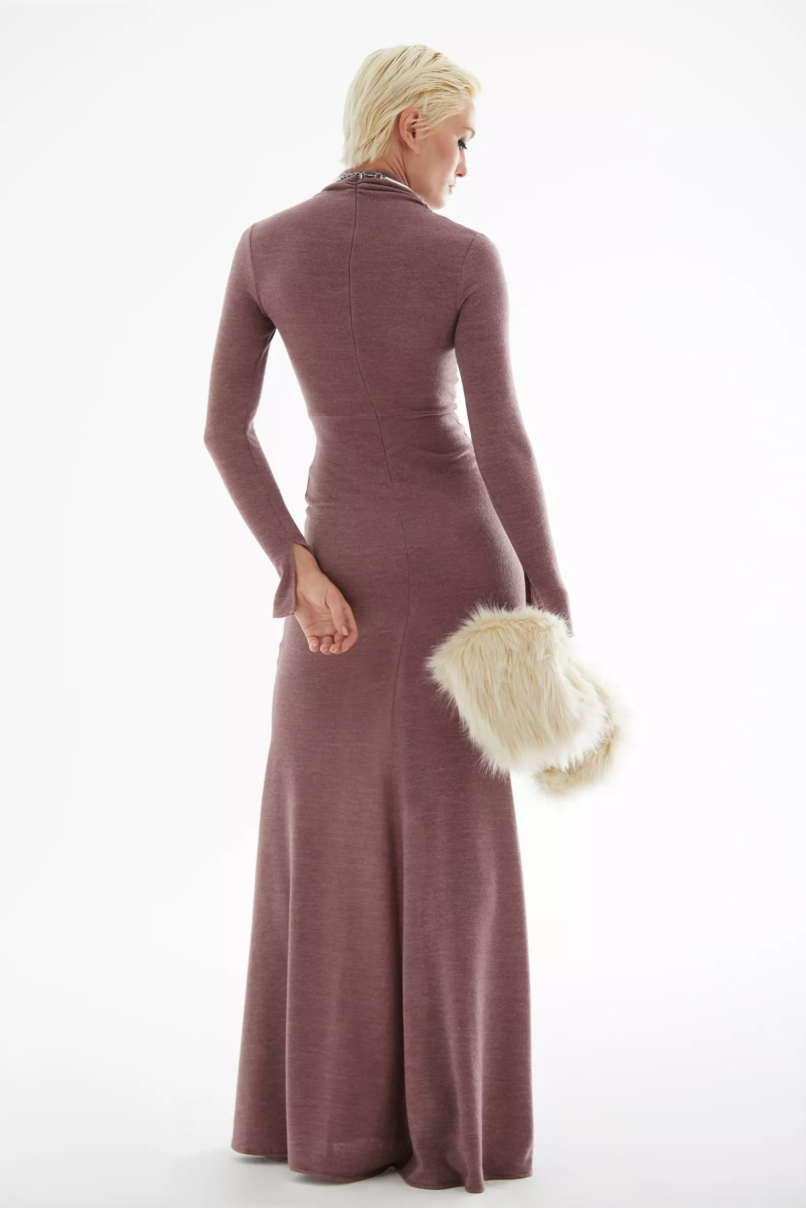 Dried Rose Triko Long Sleeve Long Dress