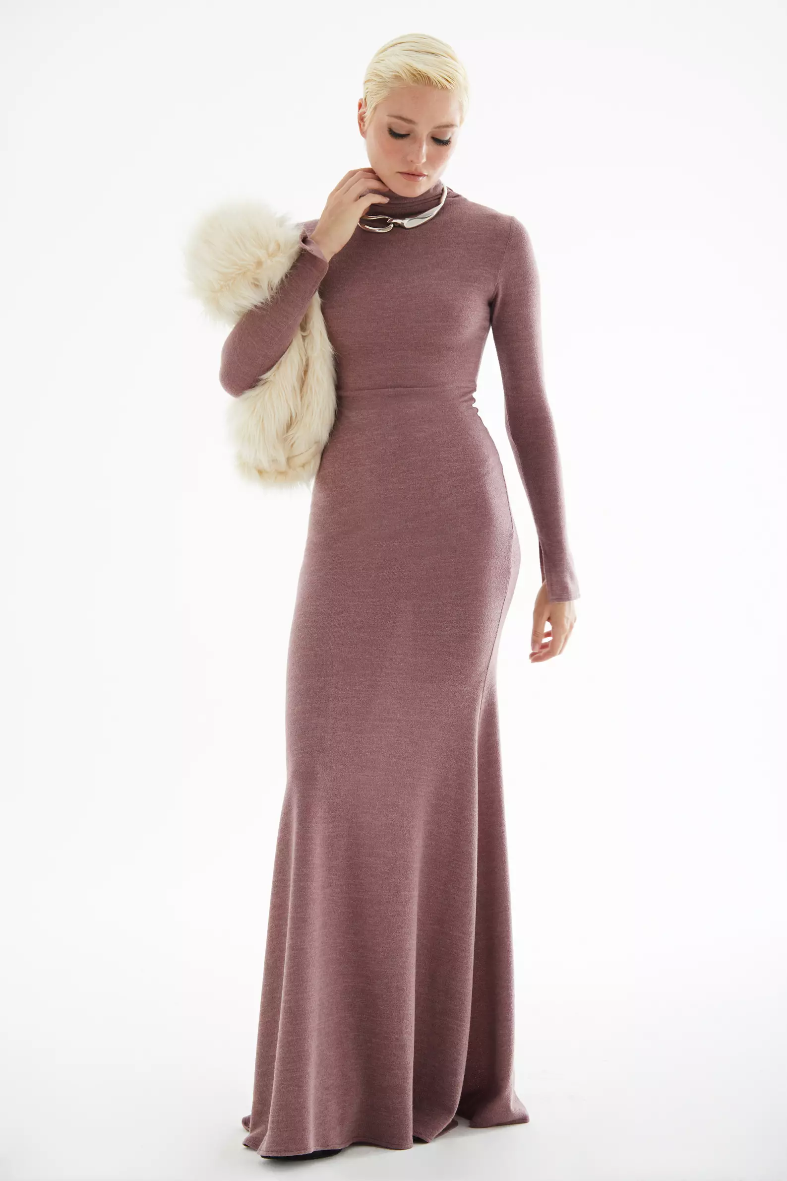 Dried Rose Triko Long Sleeve Long Dress
