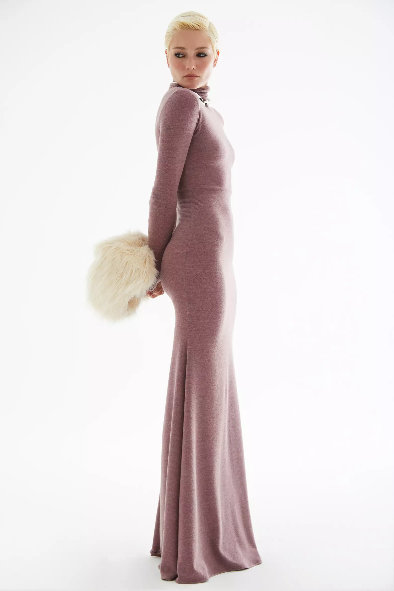 Dried Rose Triko Long Sleeve Long Dress