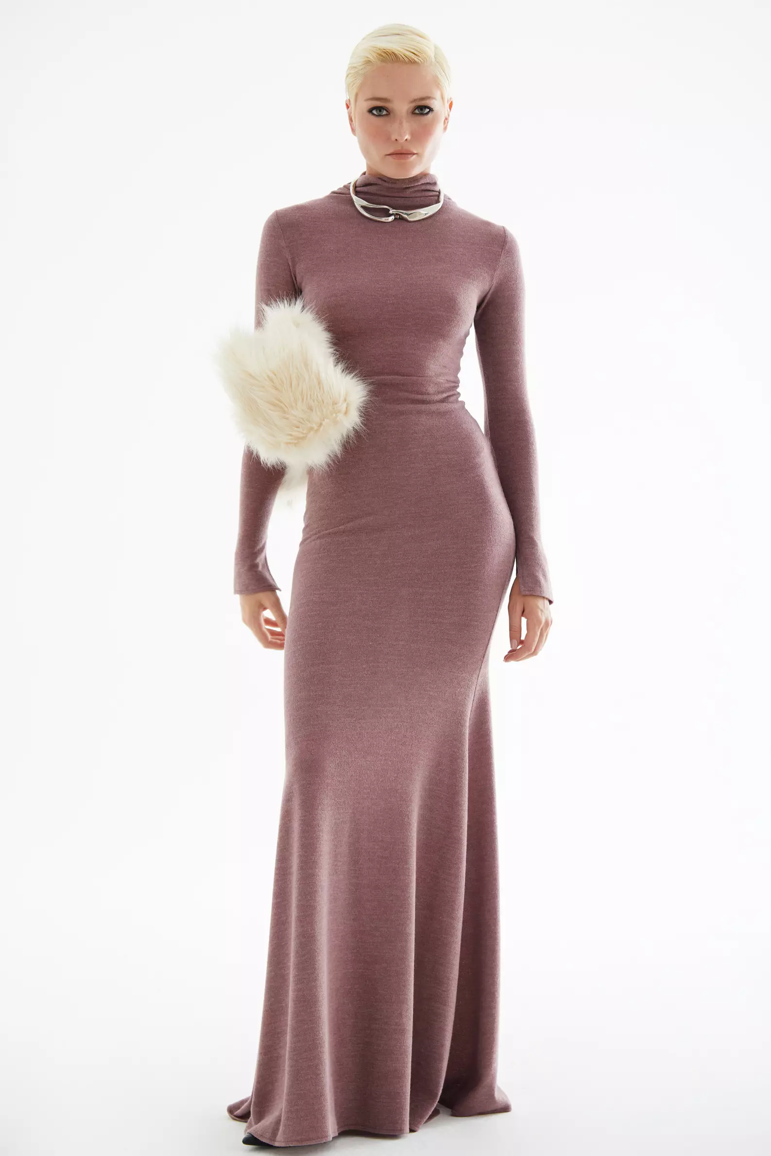 Dried Rose Triko Long Sleeve Long Dress