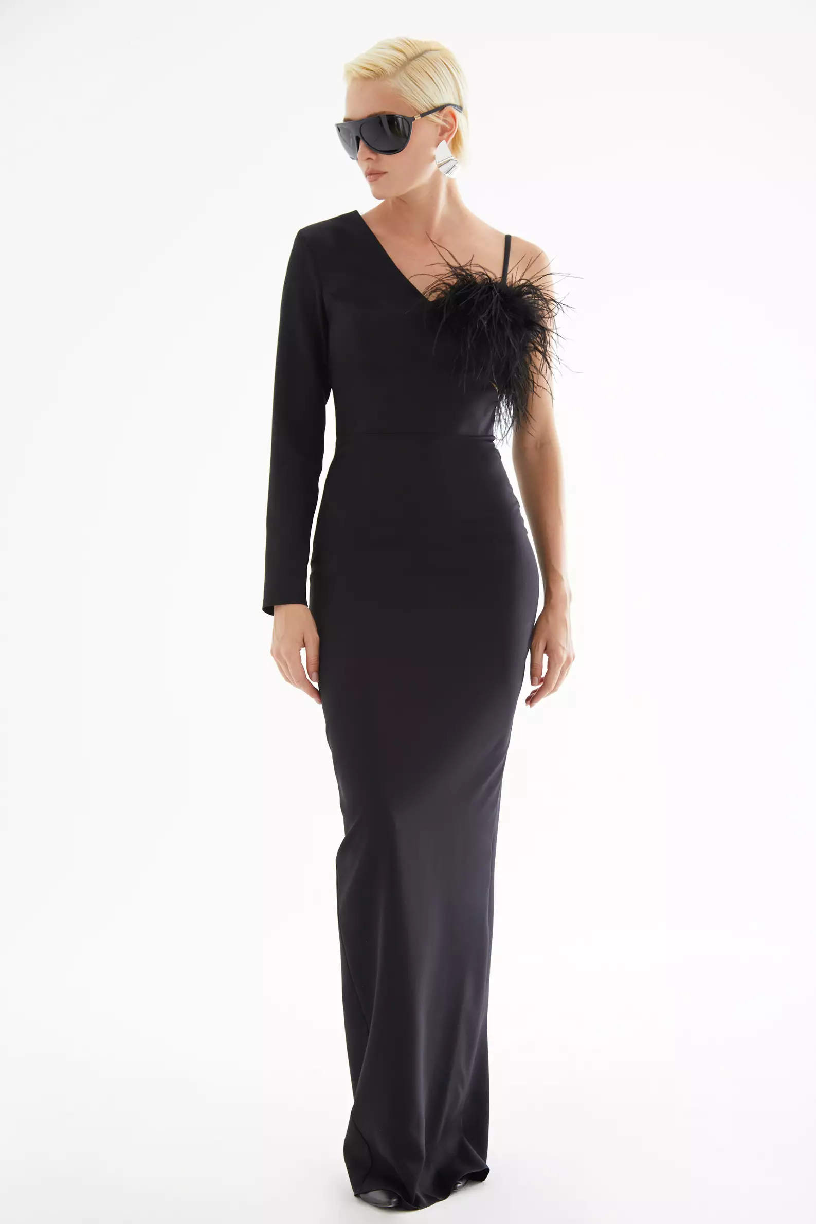 Black Crepe One Arm Long Dress