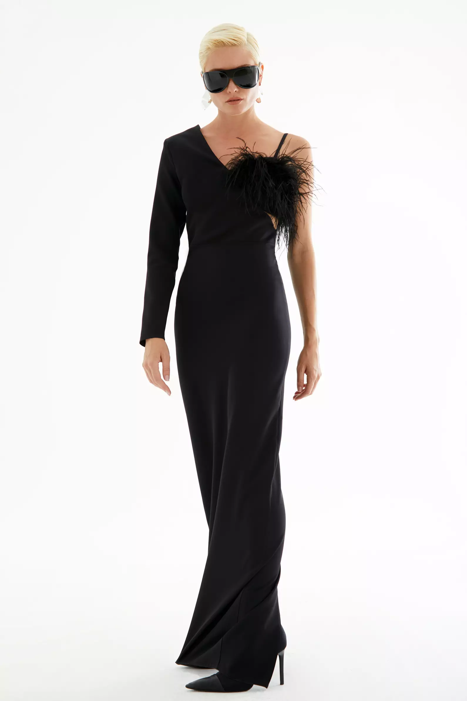 Black Crepe One Arm Long Dress