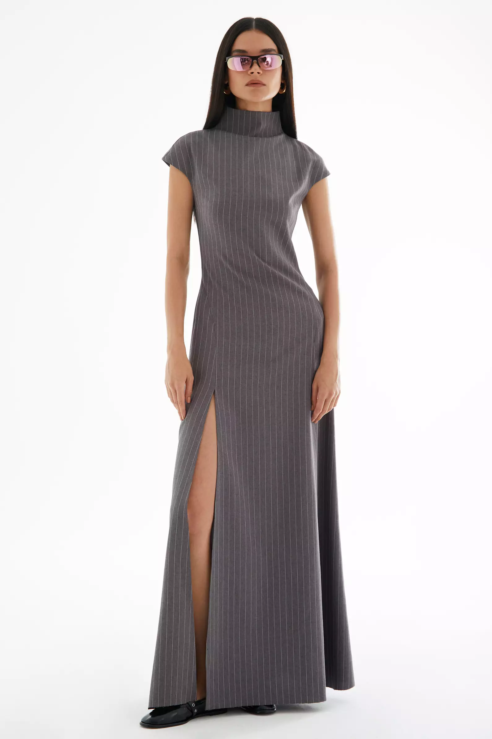 Gray wowen short sleeve long dress