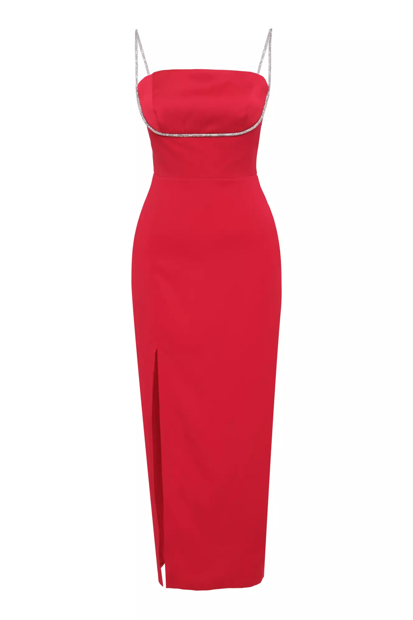 Red Krep Saten Sleeveless Midi Dress