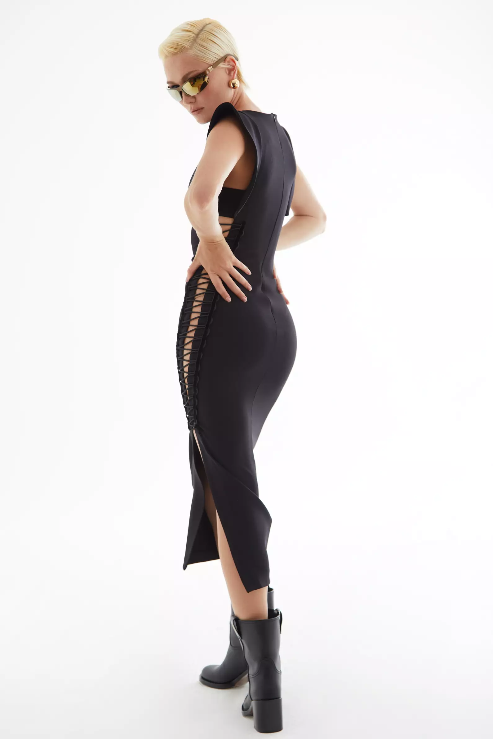 Black Crepe Short Sleeve Midi Dress