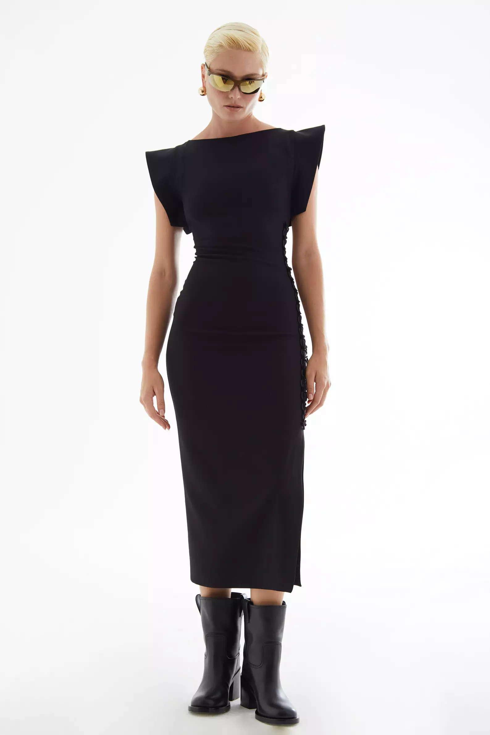 Black Crepe Short Sleeve Midi Dress