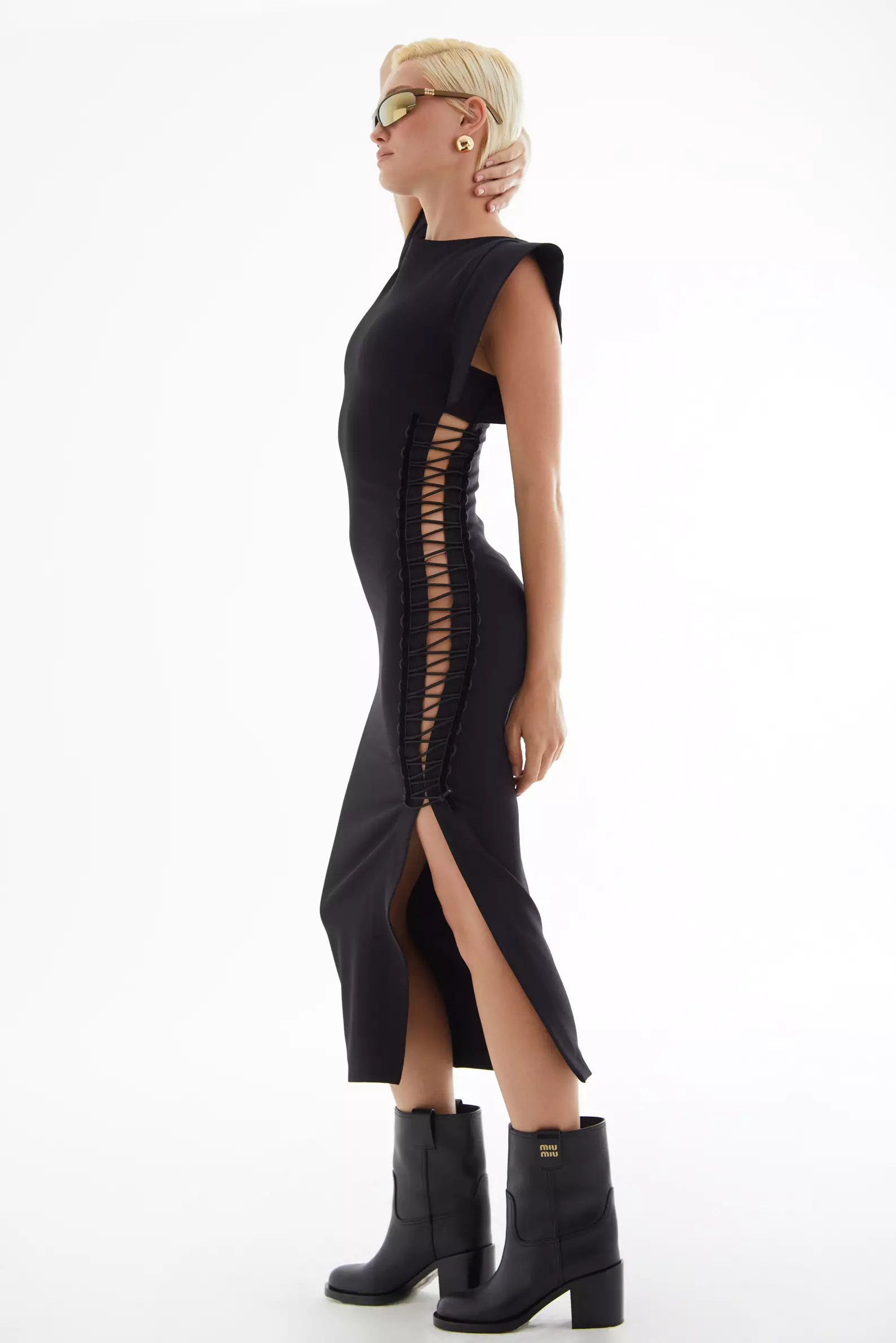 Black Crepe Short Sleeve Midi Dress