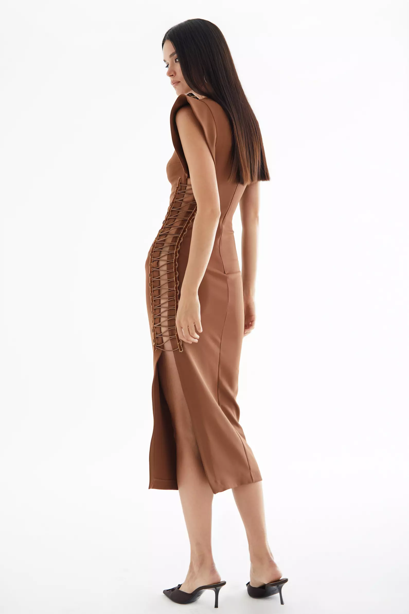 Brown Crepe Short Sleeve Midi Dress