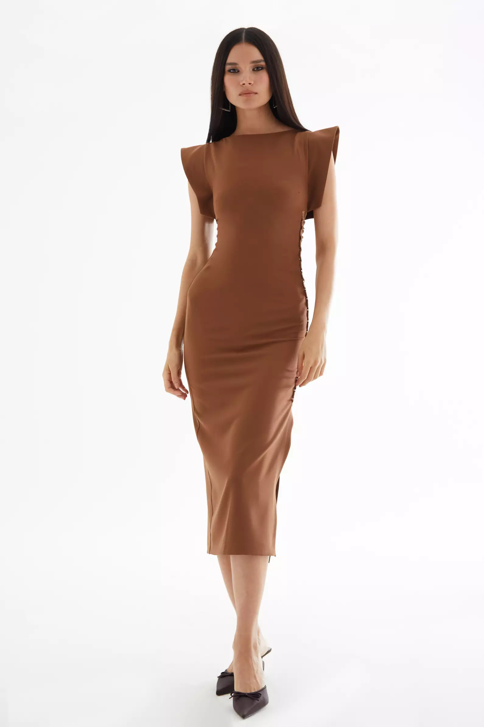Brown Crepe Short Sleeve Midi Dress