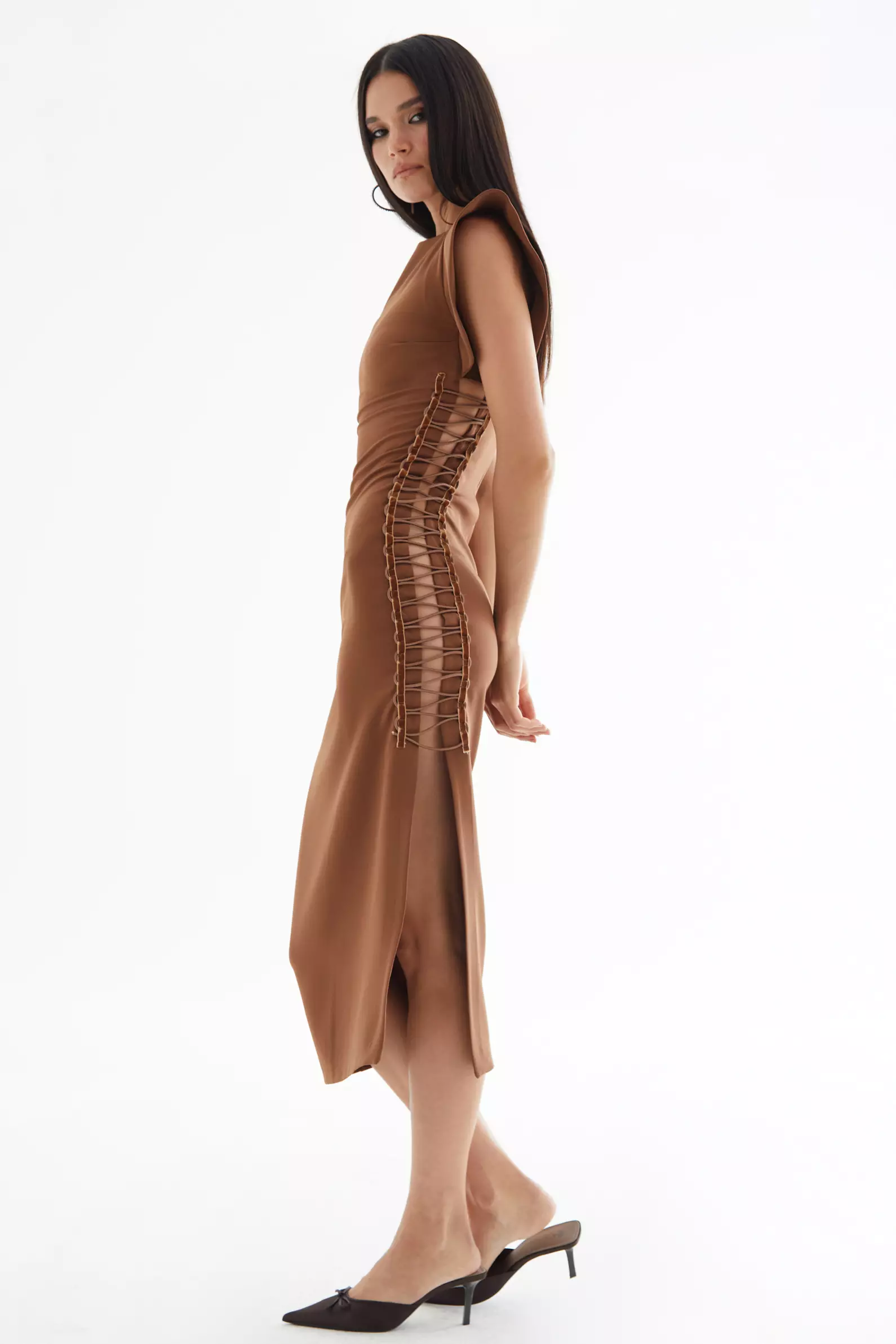 Brown Crepe Short Sleeve Midi Dress