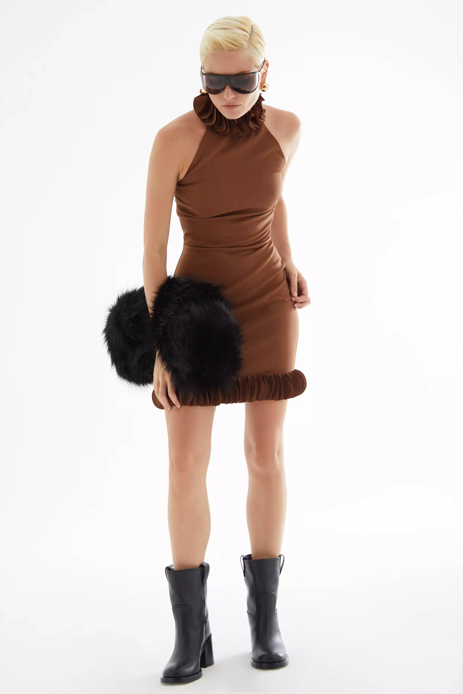 Brown Crepe Sleeveless Mini Dress
