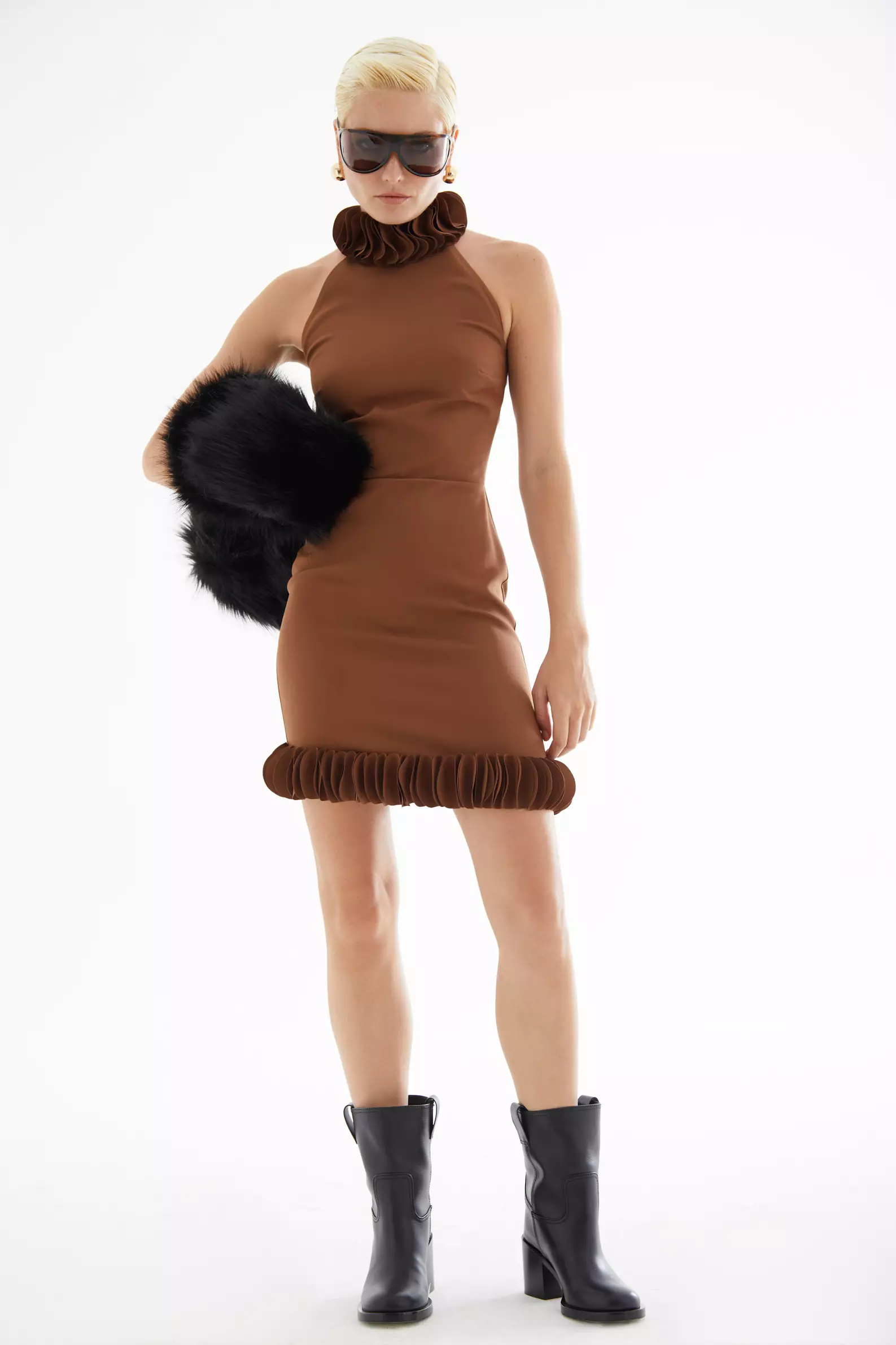 Brown Crepe Sleeveless Mini Dress