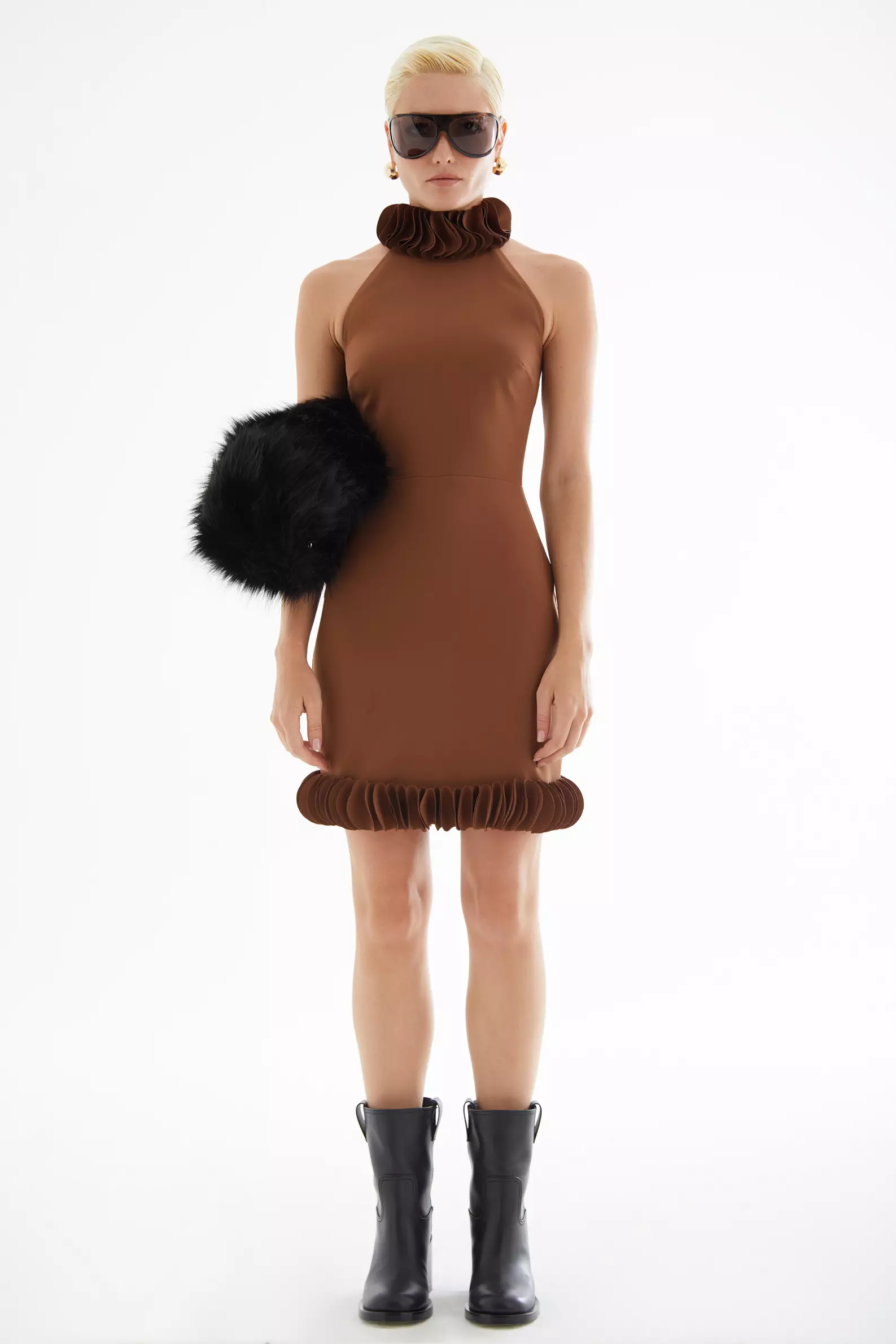 Brown Crepe Sleeveless Mini Dress
