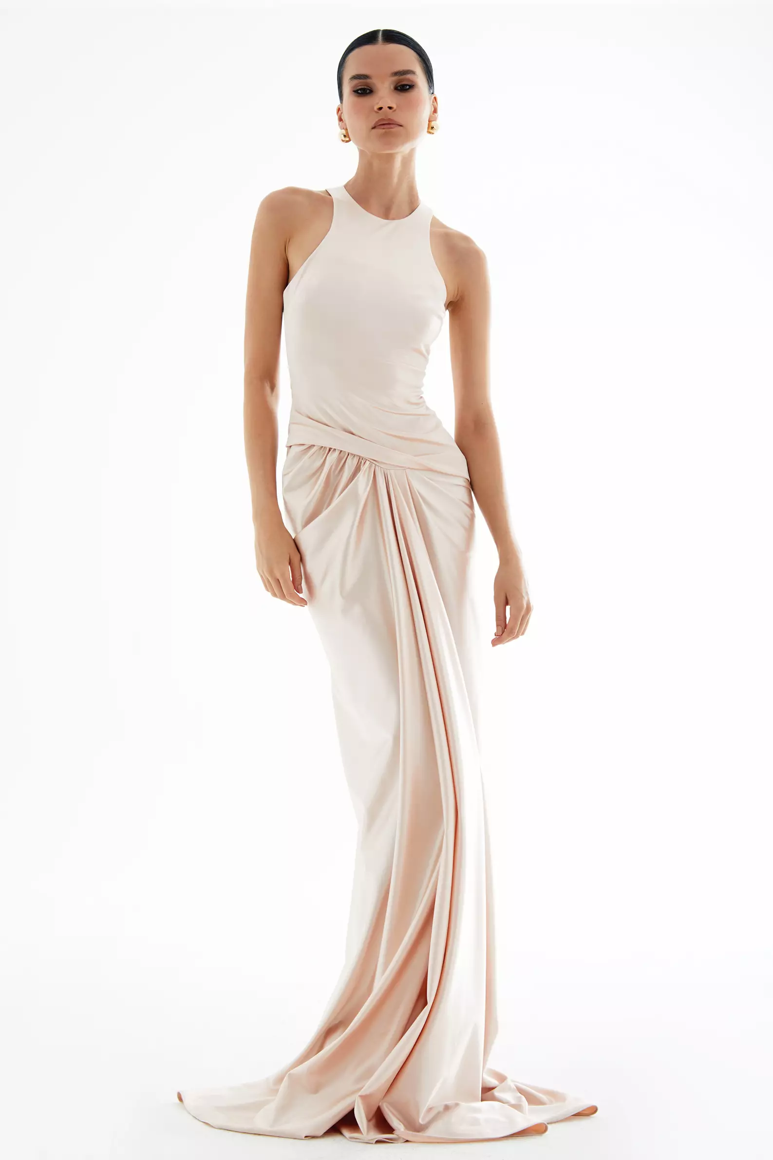 Blush örme Saten Sleeveless Long Dress