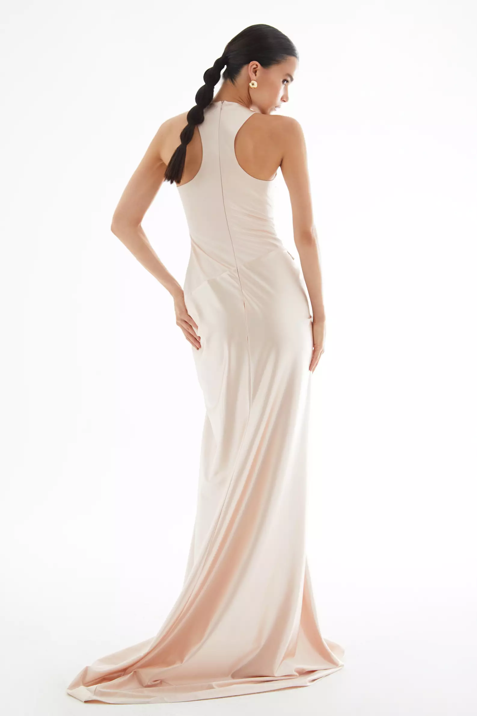 Blush örme Saten Sleeveless Long Dress